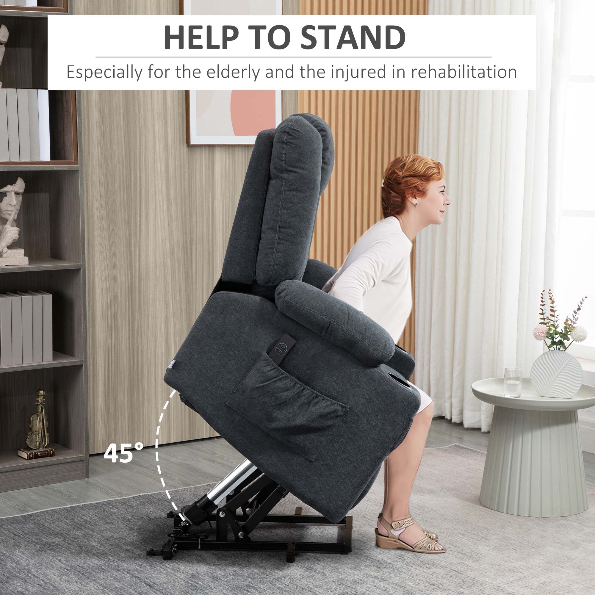 HOMCOM Oversized Riser and Recliner Chairs for the Elderly, Fabric Upholstered Lift Chair for Living Room with Remote Control, Side Pockets, Cup Holder, Charcoal Grey - North Peak Garden Furniture