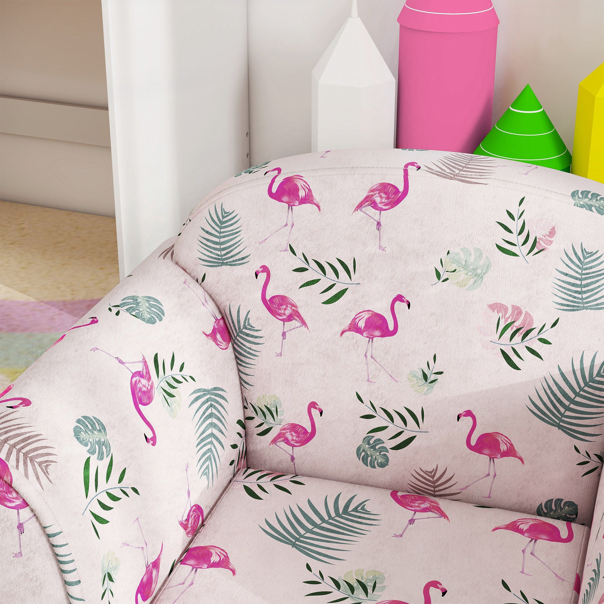 AIYAPLAY Kids Armchair with Flamingo Design, Wooden Frame, for Bedroom, Playroom, Kids Room, Pink - North Peak Garden Furniture