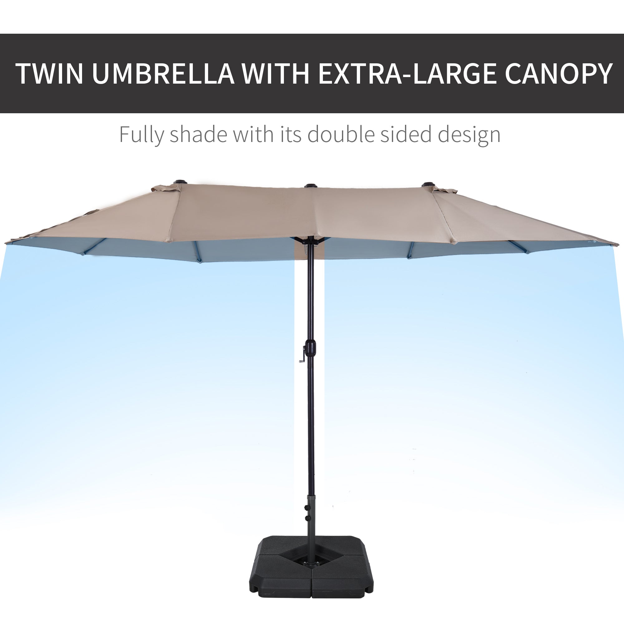 Outsunny 4.6m Garden Parasol Double-Sided Sun Umbrella Patio Market Shelter Canopy Shade with Weight Base, Tan - North Peak Garden Furniture