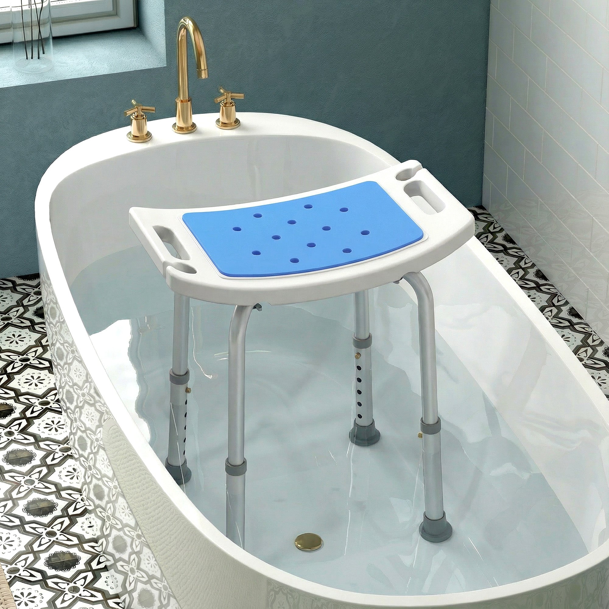 HOMCOM 6-Level Height Adjustable Aluminium Bath Room Stool Chair Shower Non-Slip Design w/ Padded Seat Drainage Holes Foot Pad, Blue