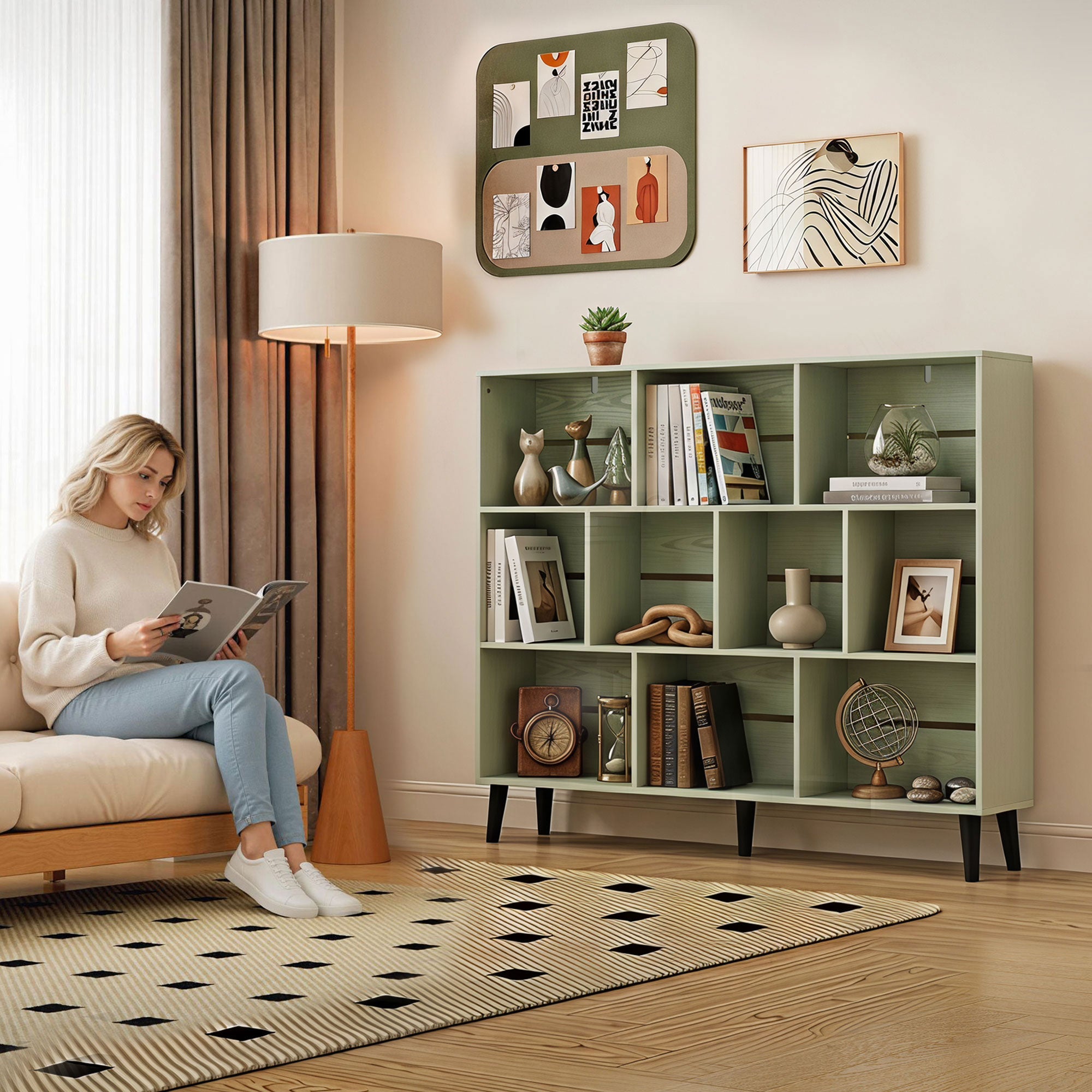 HOMCOM 10-Cube Bookcase, 3-Tier Book Shelf with Solid Wood Legs, 140 cm Modern Bookshelf with Anti-Tip Kit, Light Green