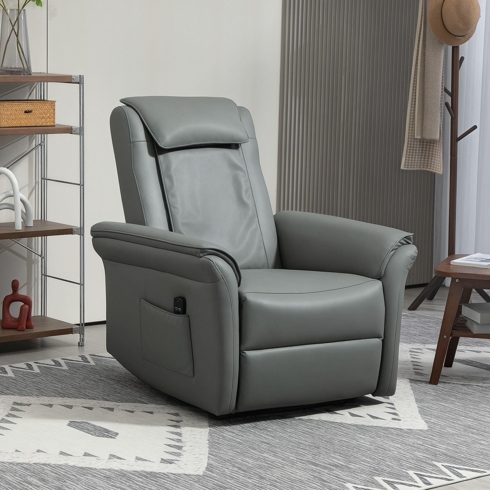 HOMCOM 3D Kneading Massage Recliner Chair with Headrest, Breathable Leather Recliner Armchair, Electric Reclining Chair with Footrest, Remote with USB Port, Side Pockets for Home, Grey - North Peak Garden Furniture