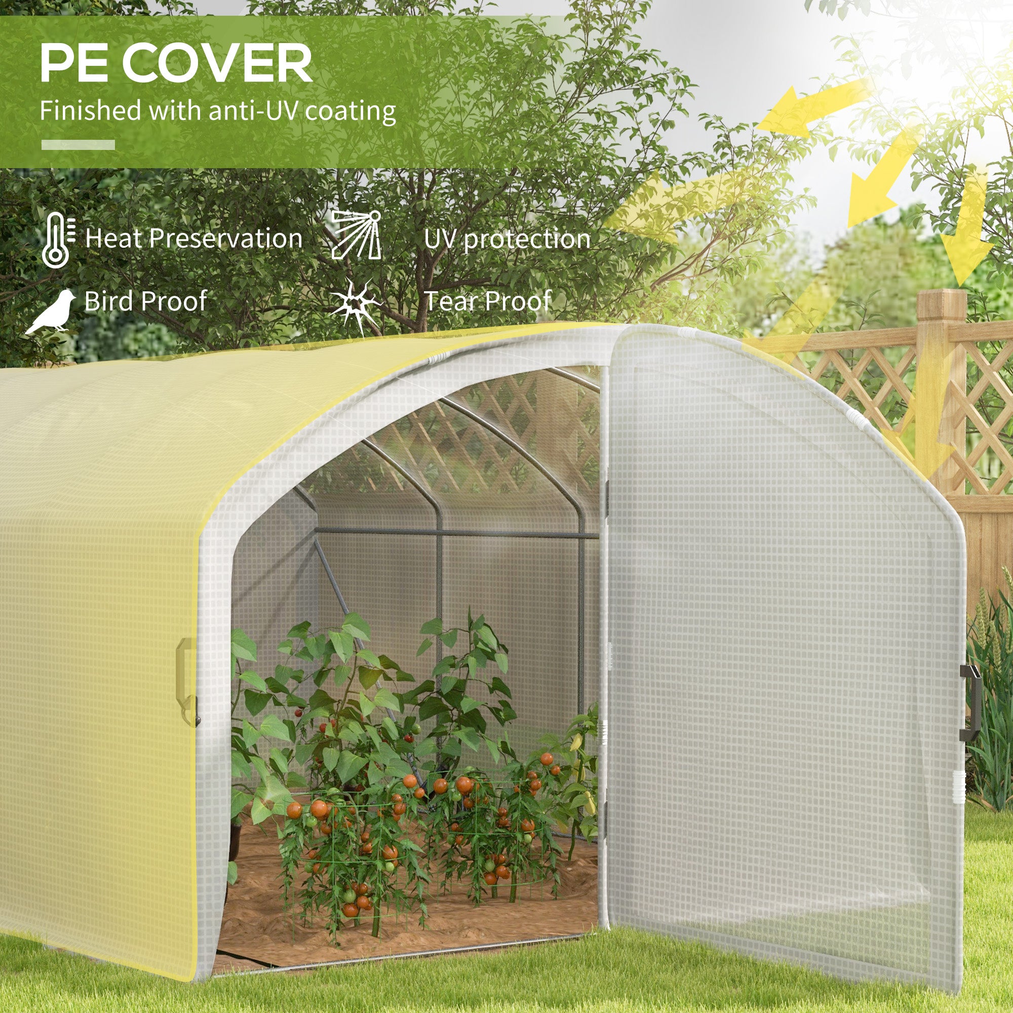 Outsunny Polytunnel Greenhouse Walk-in Grow House with UV-resistant PE Cover, Door, Galvanised Steel Frame, 4 x 3 x 2m, White - North Peak Garden Furniture