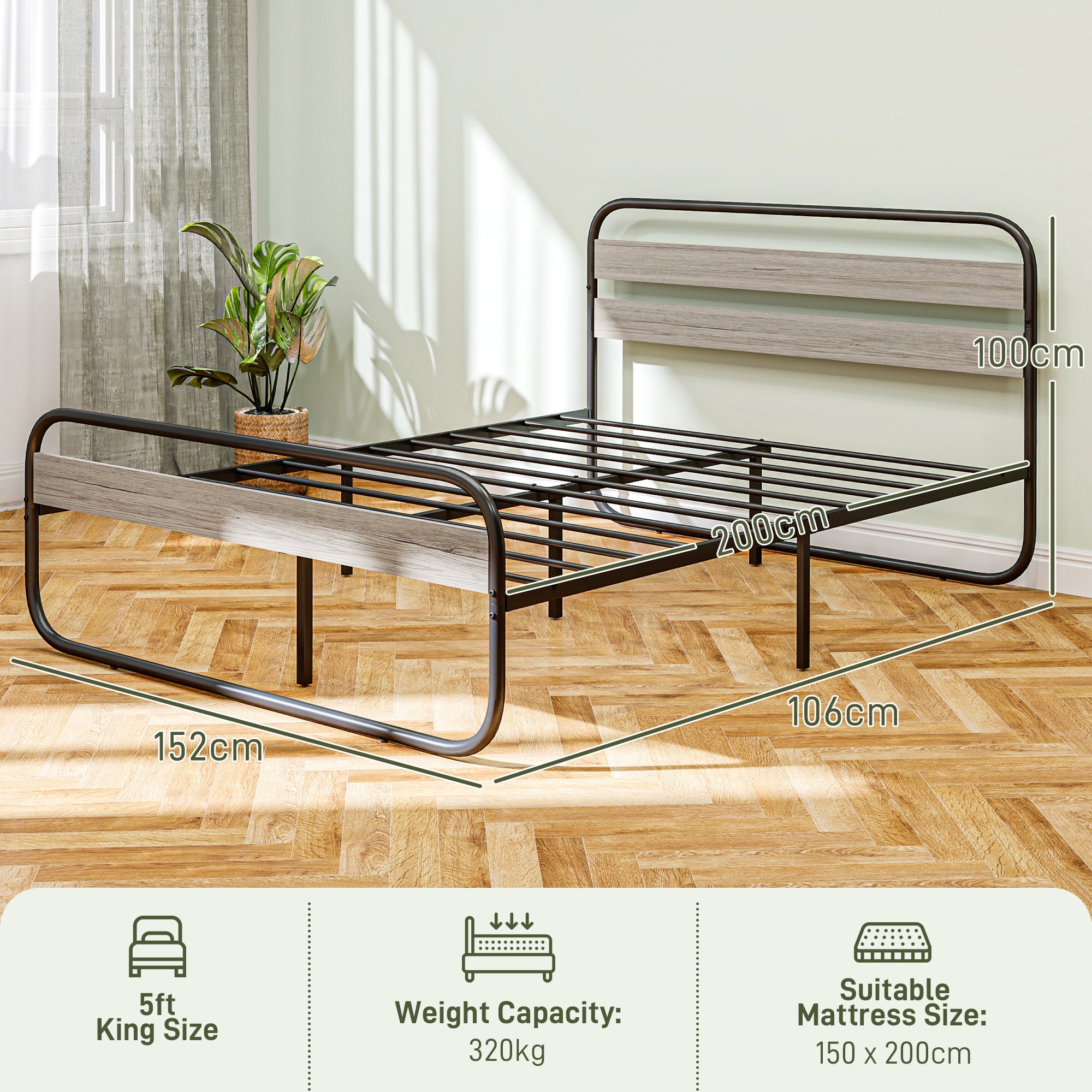 HOMCOM King Size Steel Industrial Bed Frame - Black - North Peak Garden Furniture