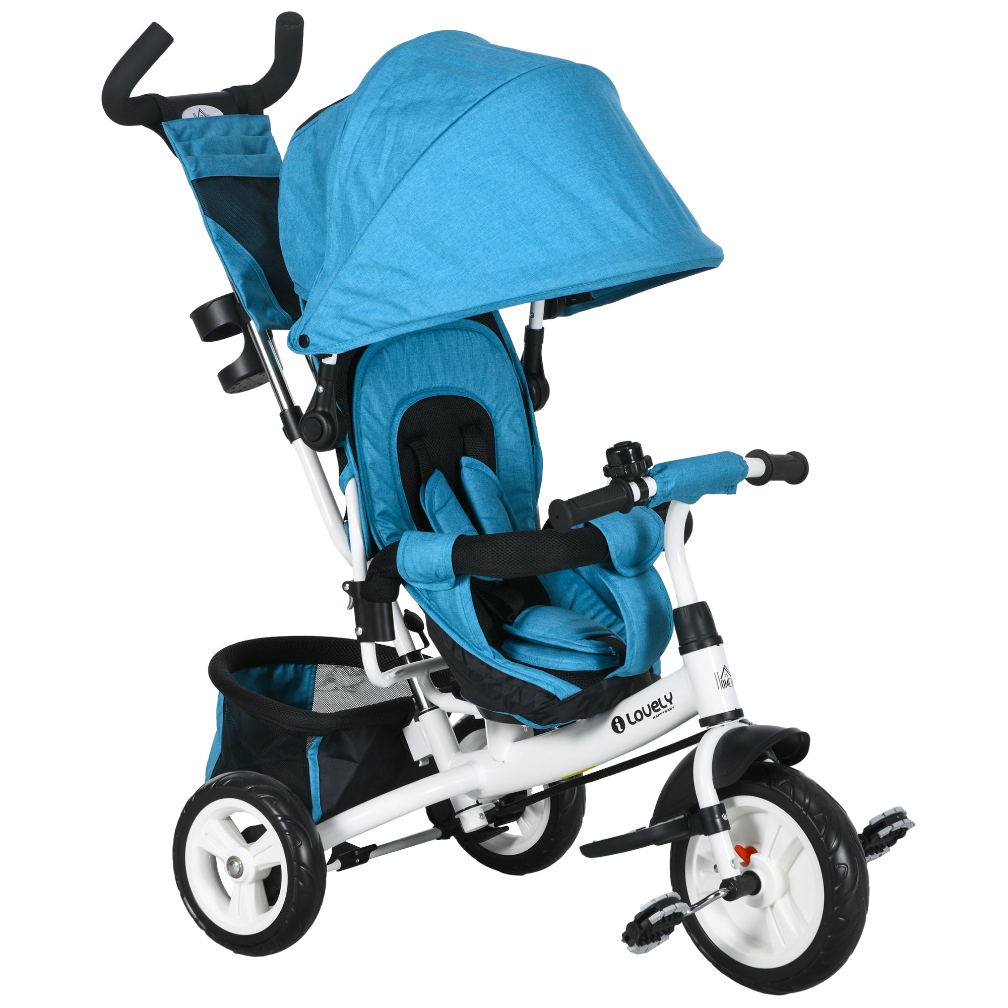 HOMCOM 6 in 1 Kids Trike Push Bike w/ Push Handle, Canopy, 5-point Safety Belt, Storage, Footrest, Brake, for 1-5 Years, Blue - North Peak Garden Furniture