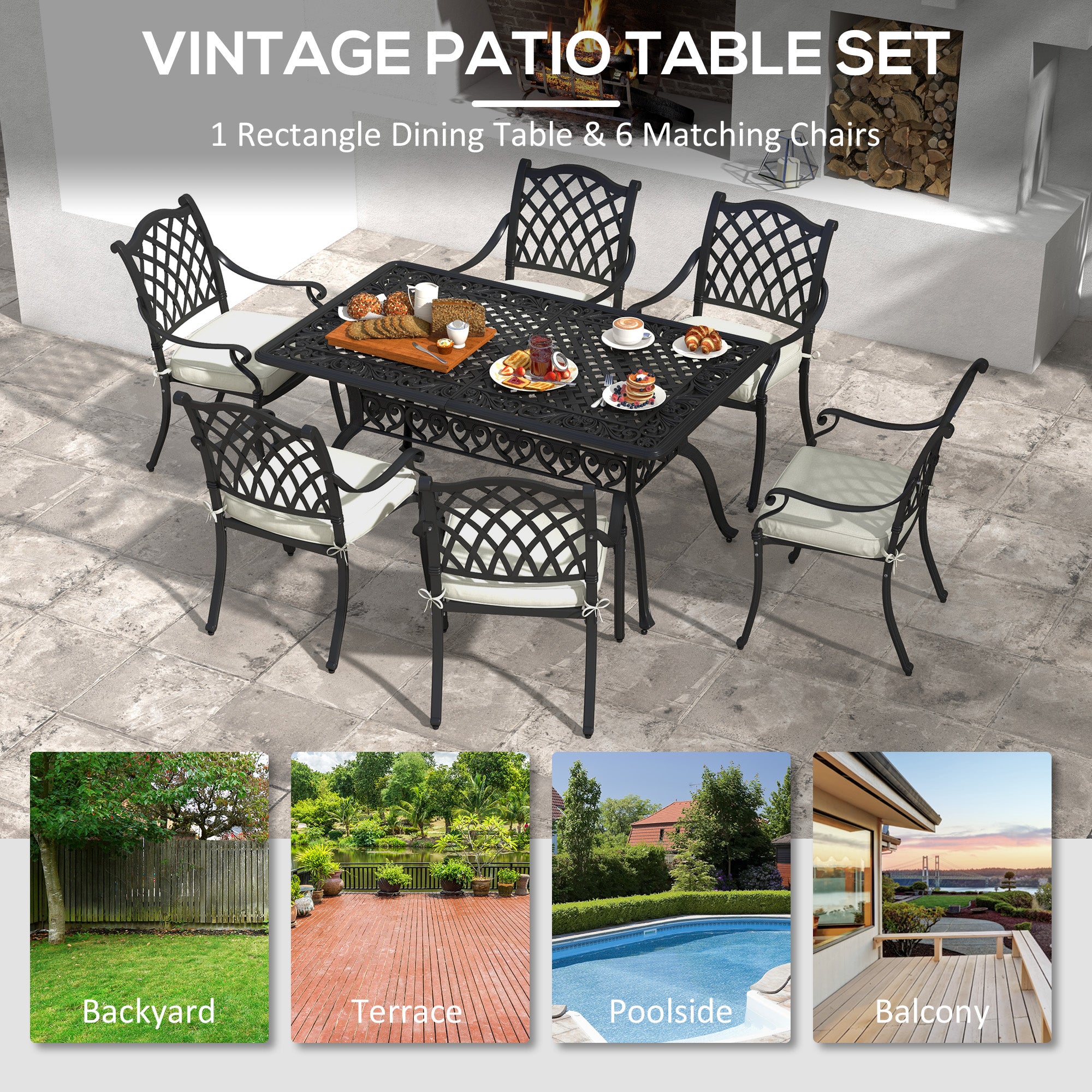 Outsunny 7 Pieces Aluminium Patio Dining Set with Umbrella Hole Black - North Peak Garden Furniture