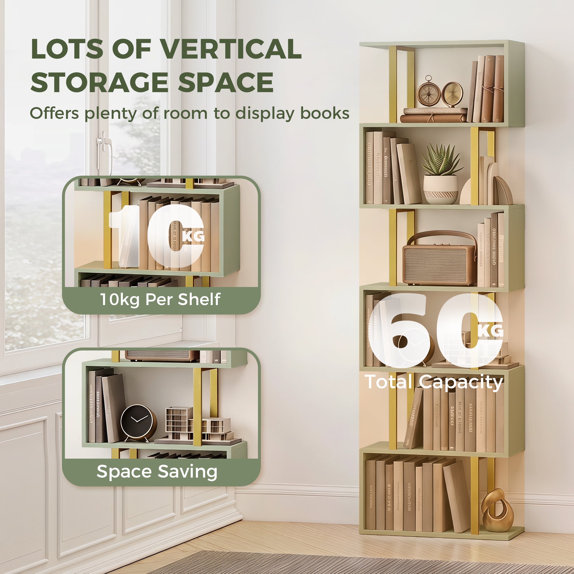 HOMCOM S-Shaped Bookshelf, 6-Tier Bookcase, Freestanding Storage Shelves with Anti-Tip Strap for Living Room, Light Green