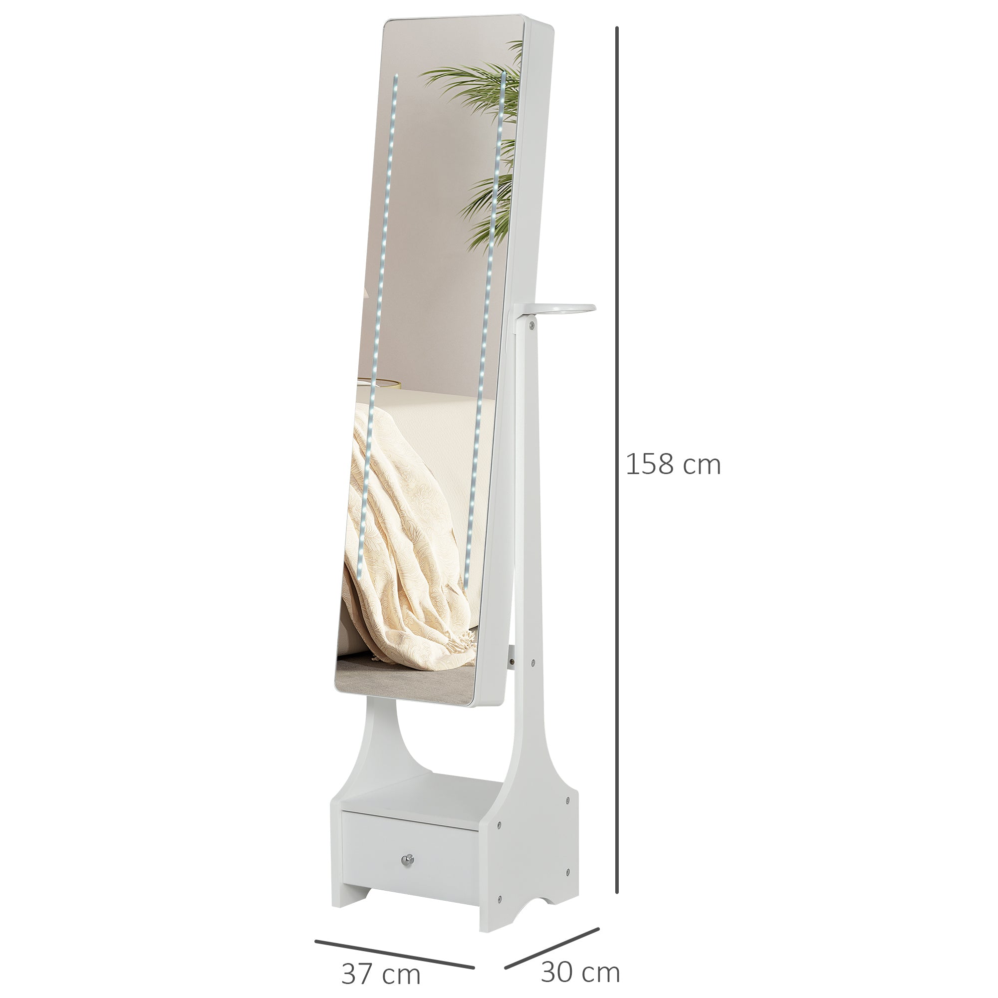 HOMCOM Jewellery Cabinet, Full Length Mirror with Storage, Free Standing Mirror with LED Lights, Hooks, Drawer and Hairdryer Holder for Bedroom, White - North Peak Garden Furniture