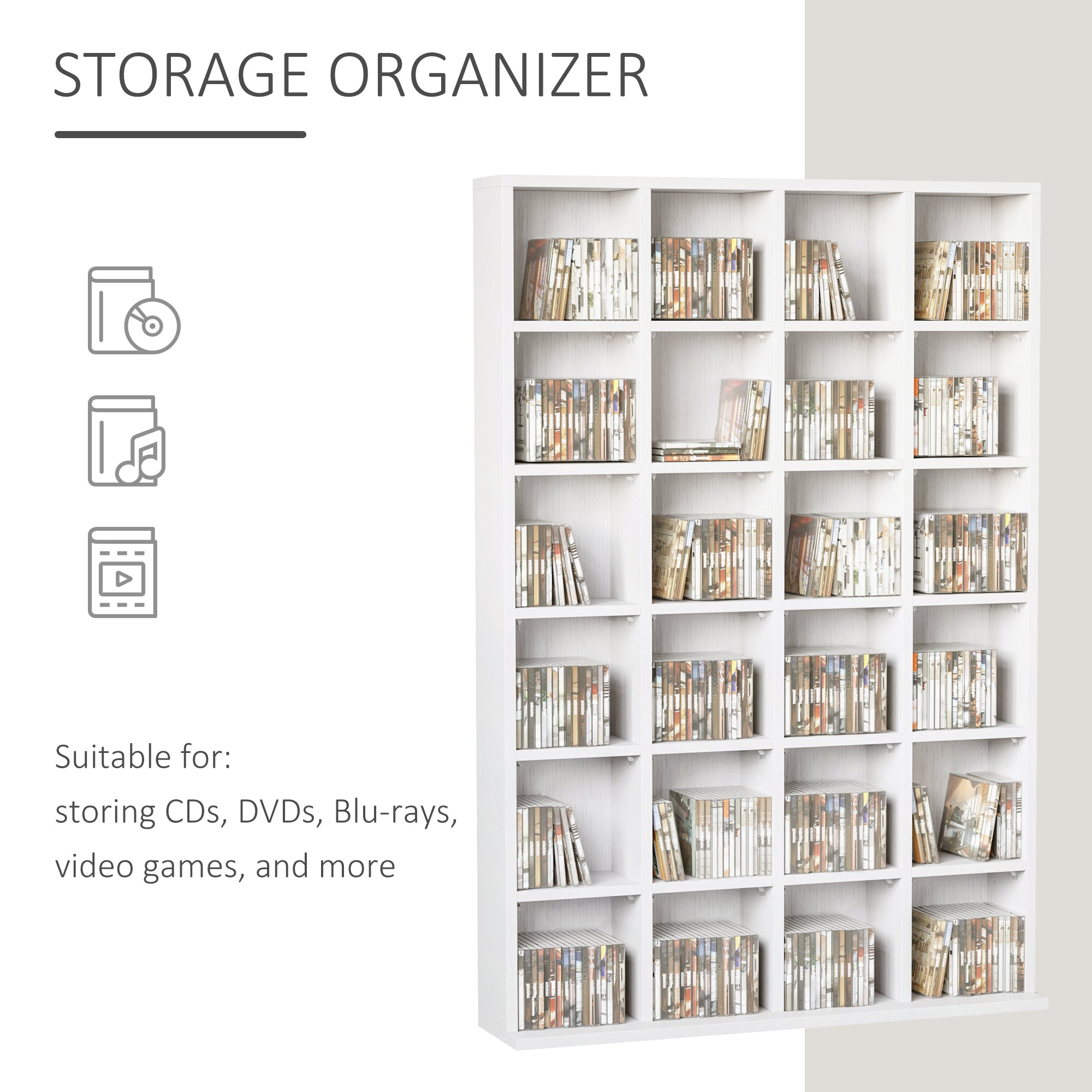 HOMCOM CD Storage Unit with Adjustable Shelves, 89 x 130.5 cm, White - North Peak Garden Furniture