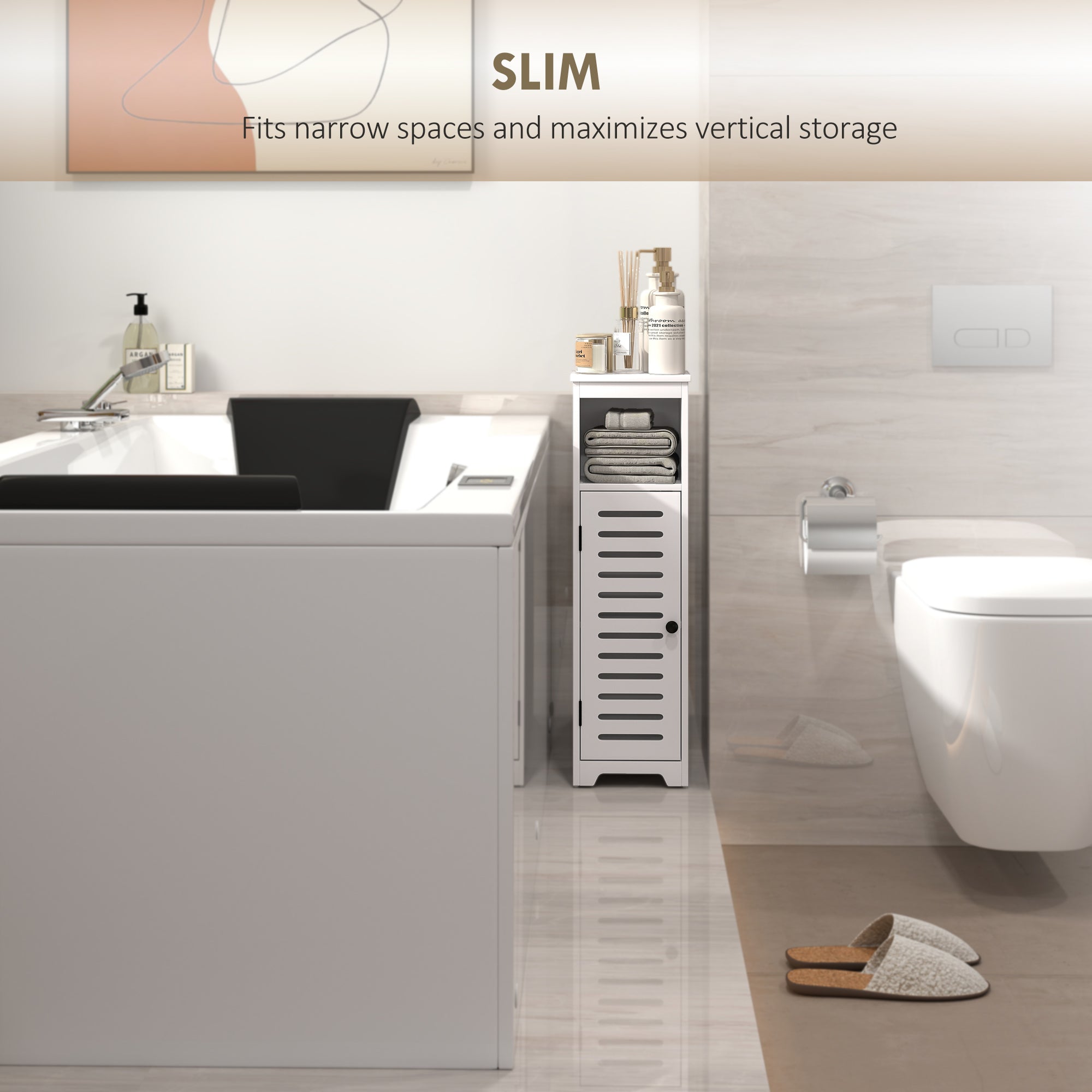 HOMCOM Bathroom Floor Cabinet, Bathroom Storage Unit with Louvered Door, Open Shelf, Adjustable Shelf, White, 22 x 20 x 75 cm