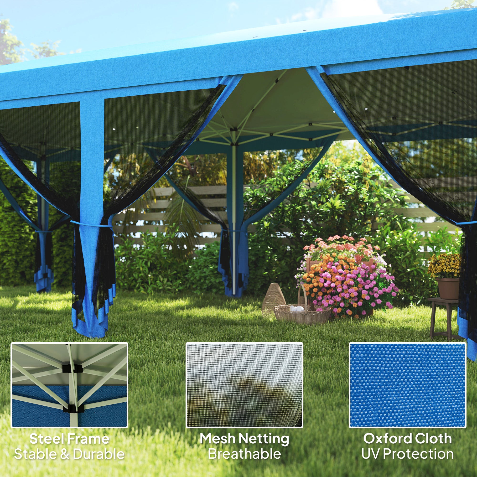 Outsunny 3 x 6m Pop Up Gazebo, Outdoor Canopy Shelter, Marquee Party Wedding Tent with 6 Mesh Walls and Carry Bag, Blue - North Peak Garden Furniture