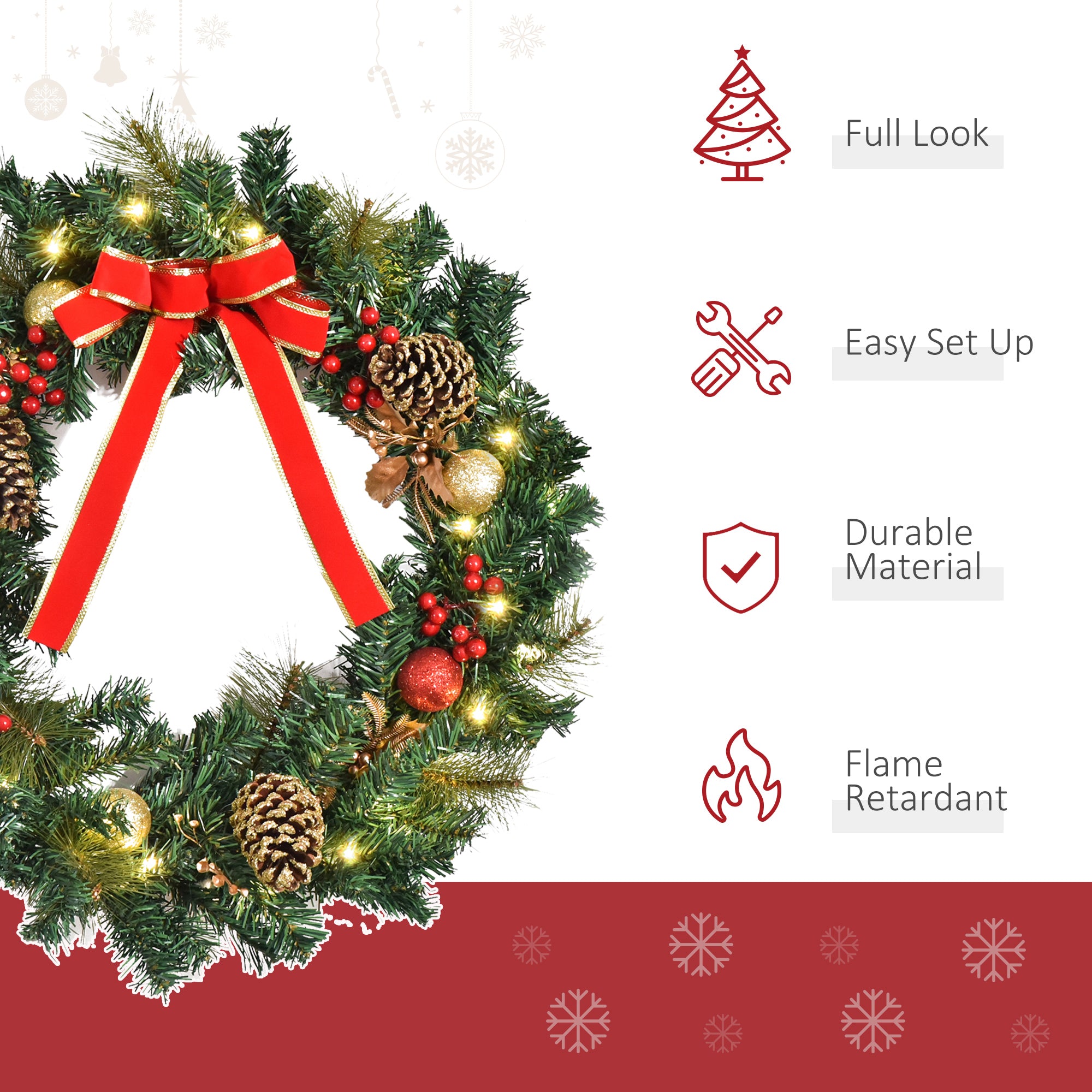 HOMCOM 60cm Pre-Lit Artificial Christmas Door Wreath Holly LED Decor Pine Cones Hanging Glittered Festival Indoor Outdoor Decoration - North Peak Garden Furniture
