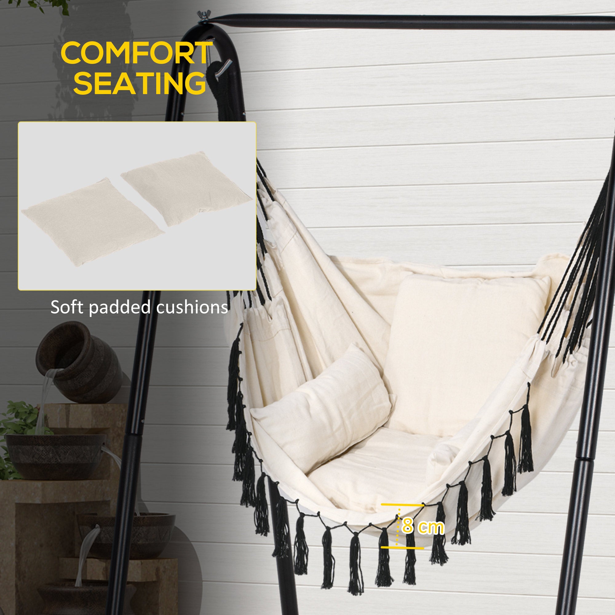 Outsunny Hammock Chair with Stand, Hammock Swing Chair with Cushion, Cream White - North Peak Garden Furniture