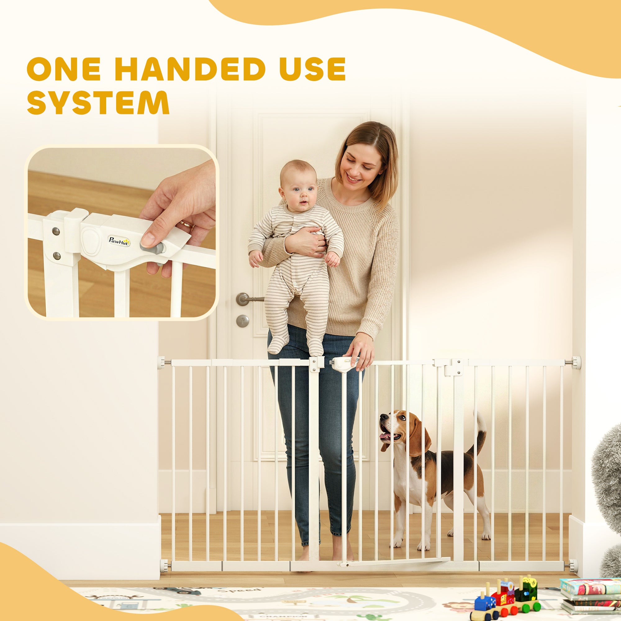 PawHut Dog Gate Stair Gate Pressure Fit Pets Barrier Auto Close for Doorway Hallway, 74-148cm Wide Adjustable, White