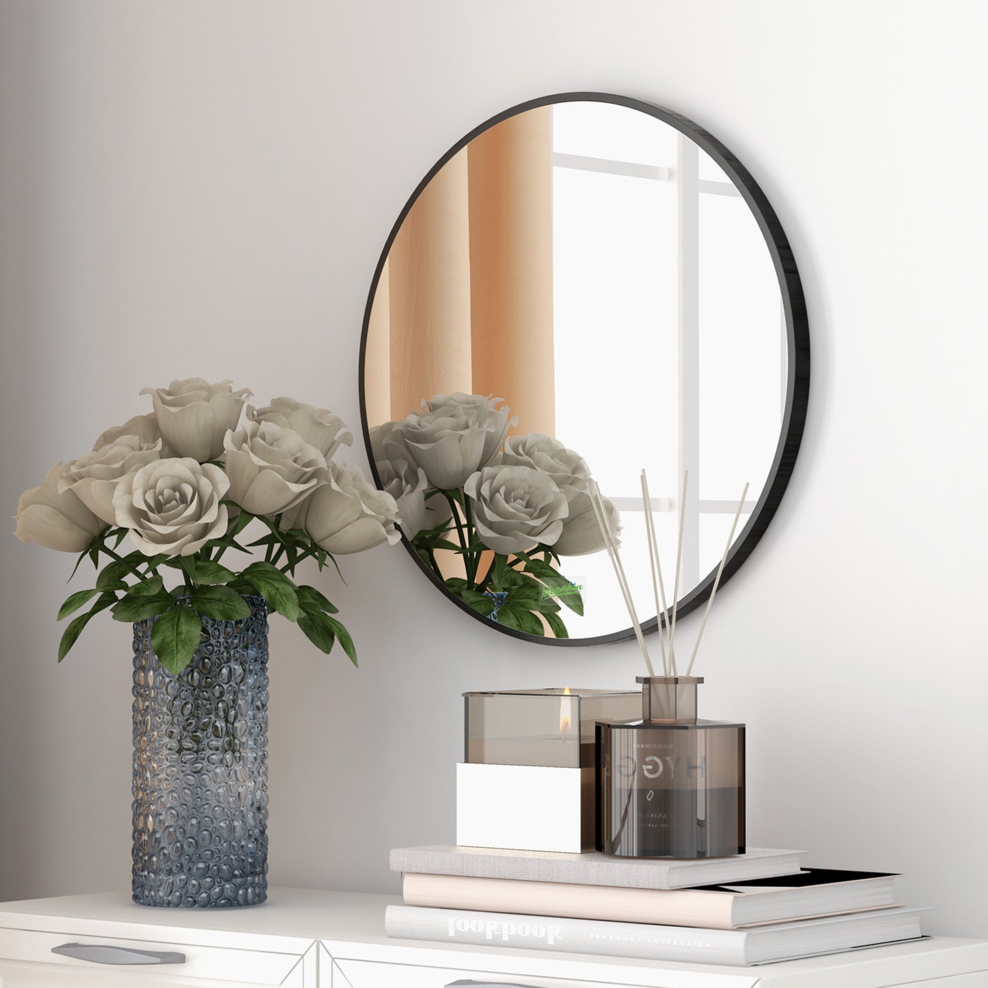 kleankin Round Bathroom Mirror, Modern Wall-mounted Makeup Mirror with Aluminium Frame for Washroom Living Room, Black, 40x40 cm - North Peak Garden Furniture