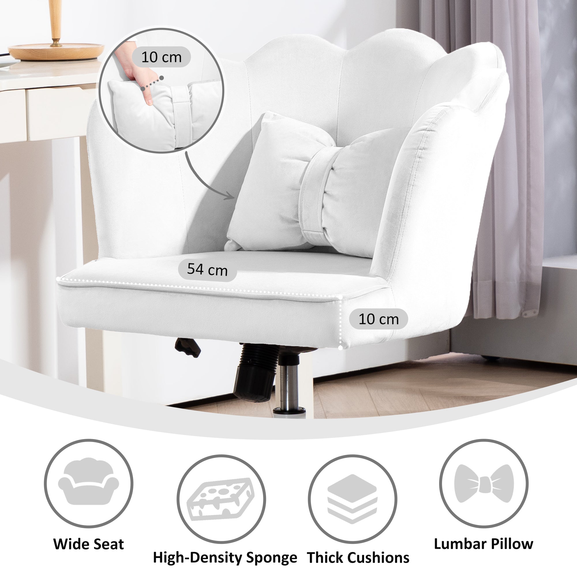 HOMCOM Velvet-Feel Petal Back Office Chair - White - North Peak Garden Furniture