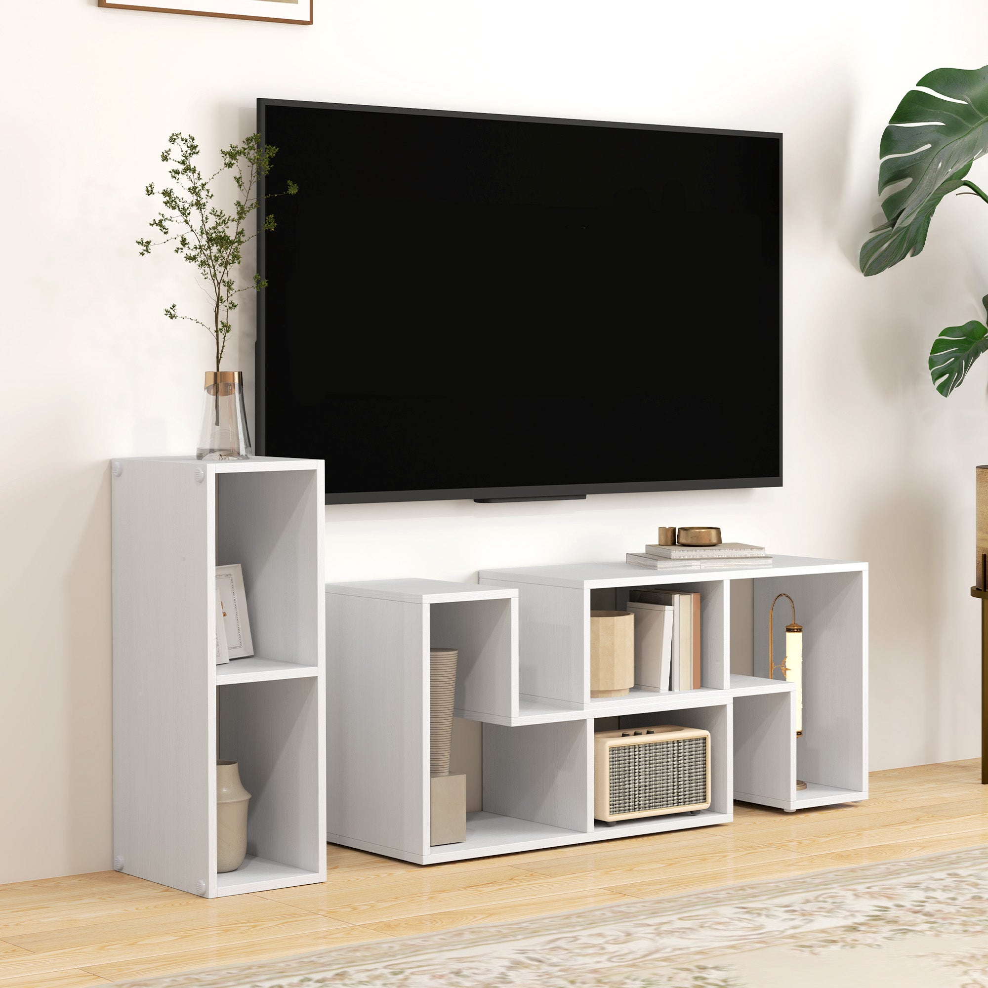 HOMCOM TV Stand for TVs up to 75 Inches, Free Combination TV Unit with Storage Shelves, Extendable Entertainment Centre for Living Room, White Wood Grain