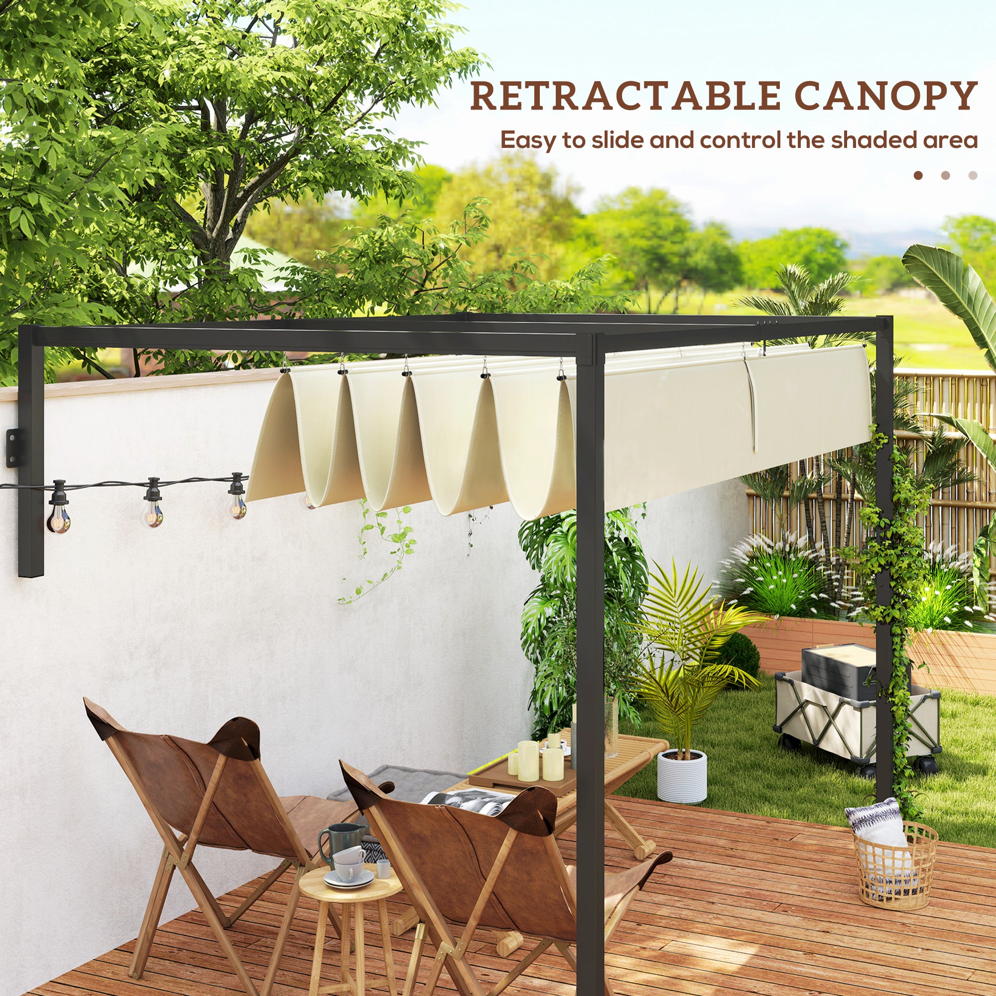Outsunny 2 x 3(m) Lean To Steel Pergola, with Moving Fabric Canopy - Khaki - North Peak Garden Furniture