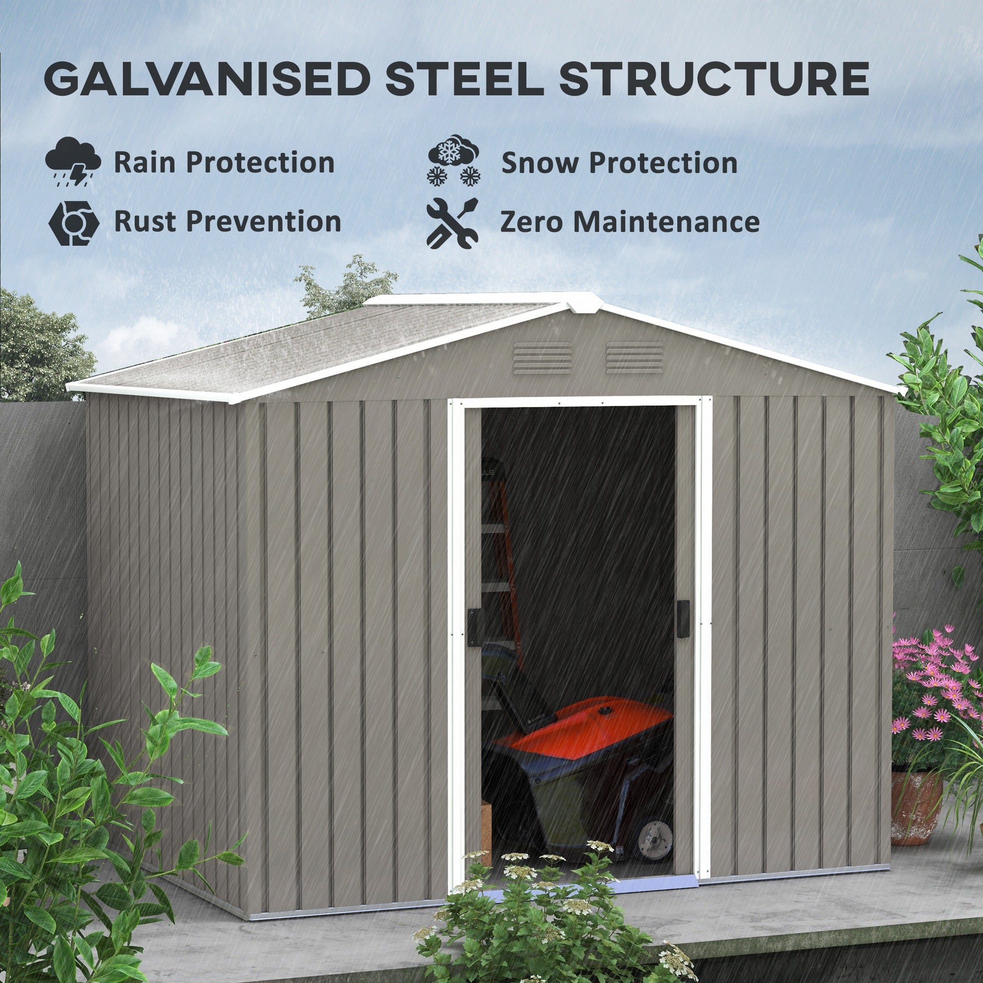 Outsunny 8 x 6ft Outdoor Garden Storage Shed, Metal Tool House with Ventilation and Sliding Doors, Light Grey - North Peak Garden Furniture