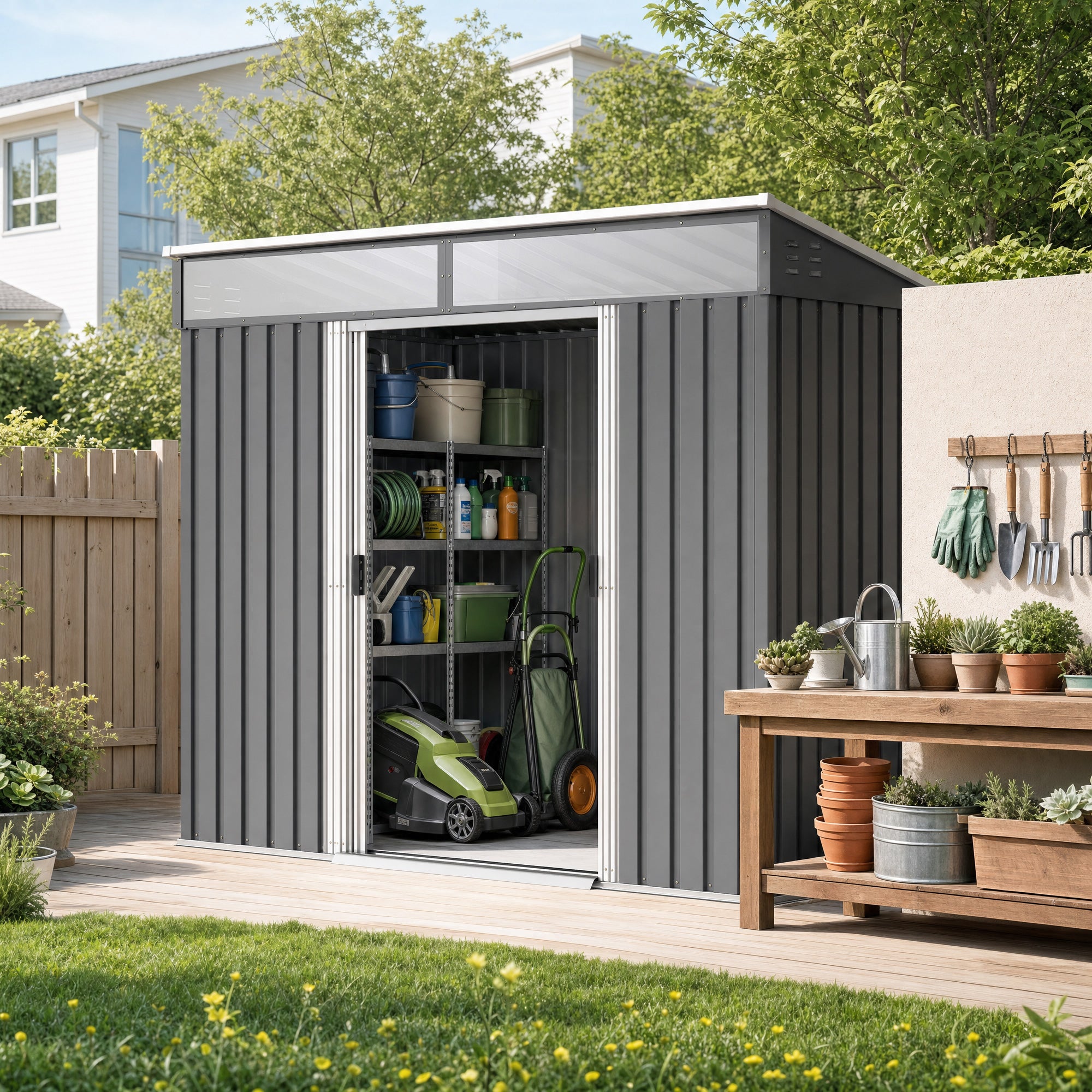 Outsunny 6.5 x 4FT Galvanised Metal Shed with Foundation Kit, Lockable Tool Garden Shed with Double Sliding Doors, Vents, Grey