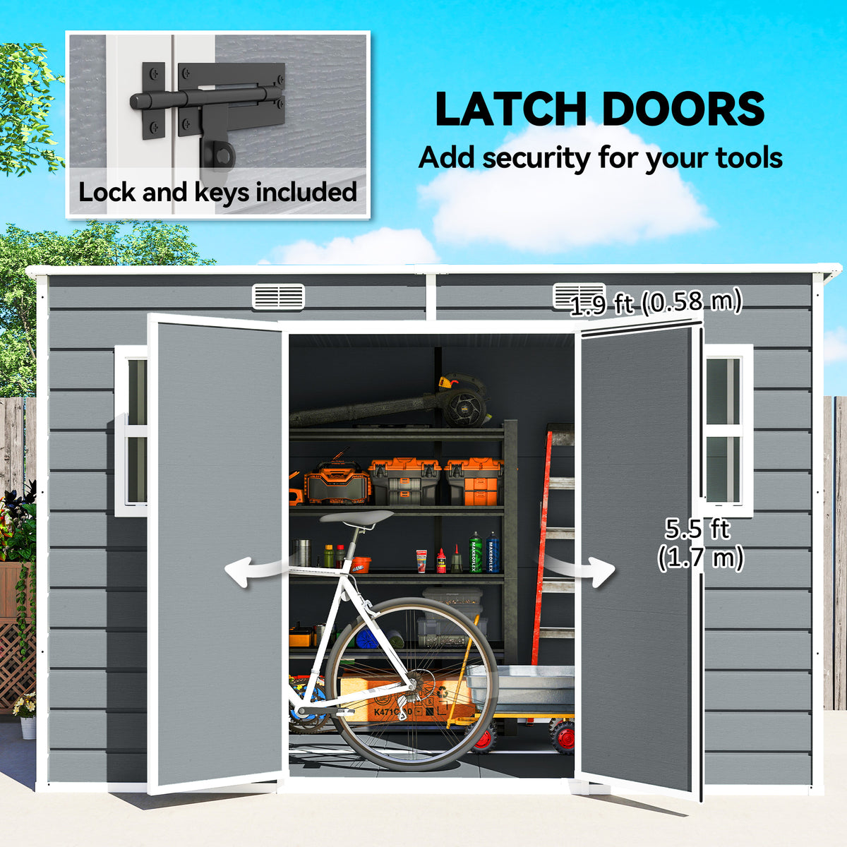 Outsunny 10 x 6 ft Resin Garden Shed, Outdoor Storage Shed with Floor, Windows, Lockable Doors and Vents, Grey