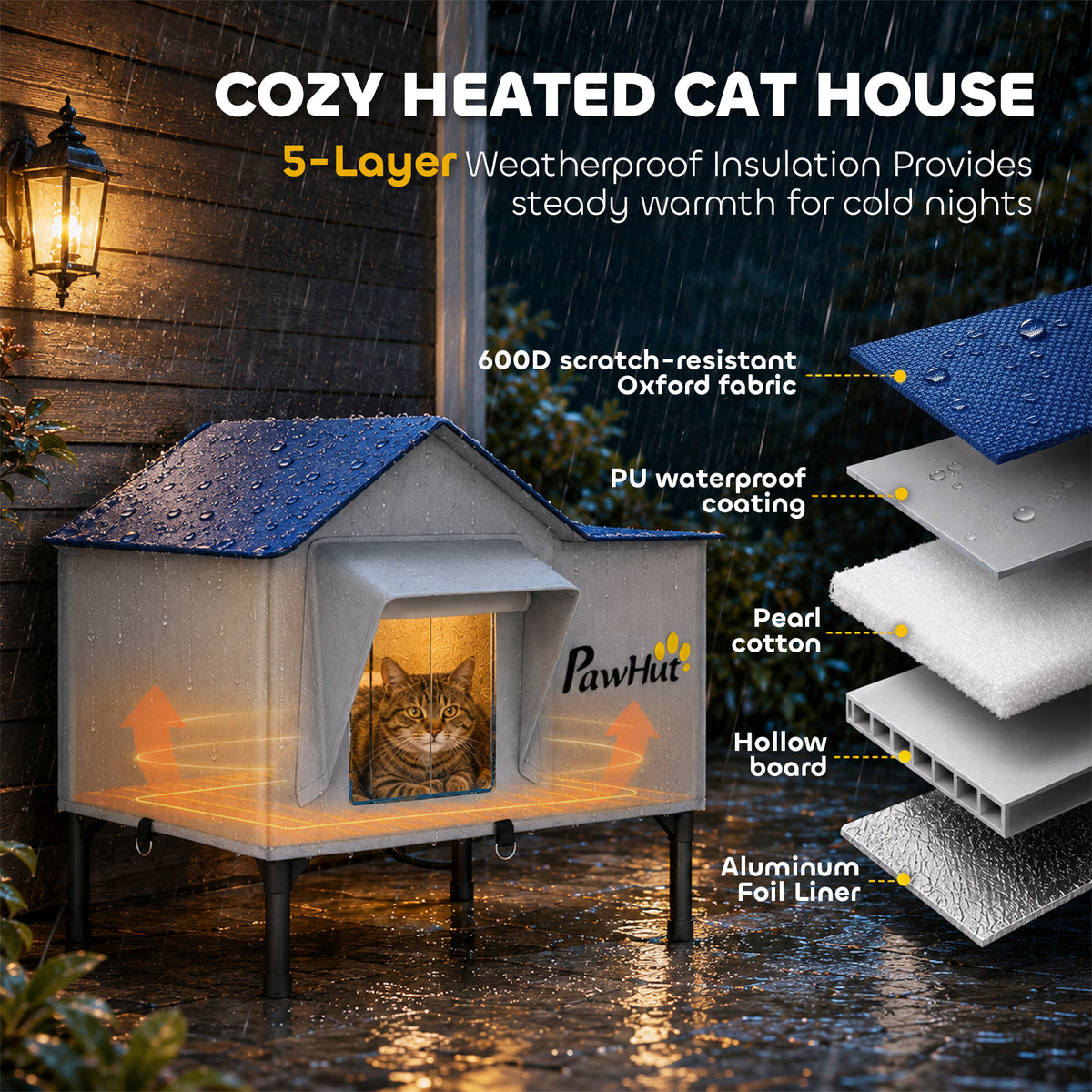 PawHut Heated Cat House Weatherproof w/ Heating Pad, Elevated Base, Escape Door, Cat Winter Shelter for Stray, Barn Cats