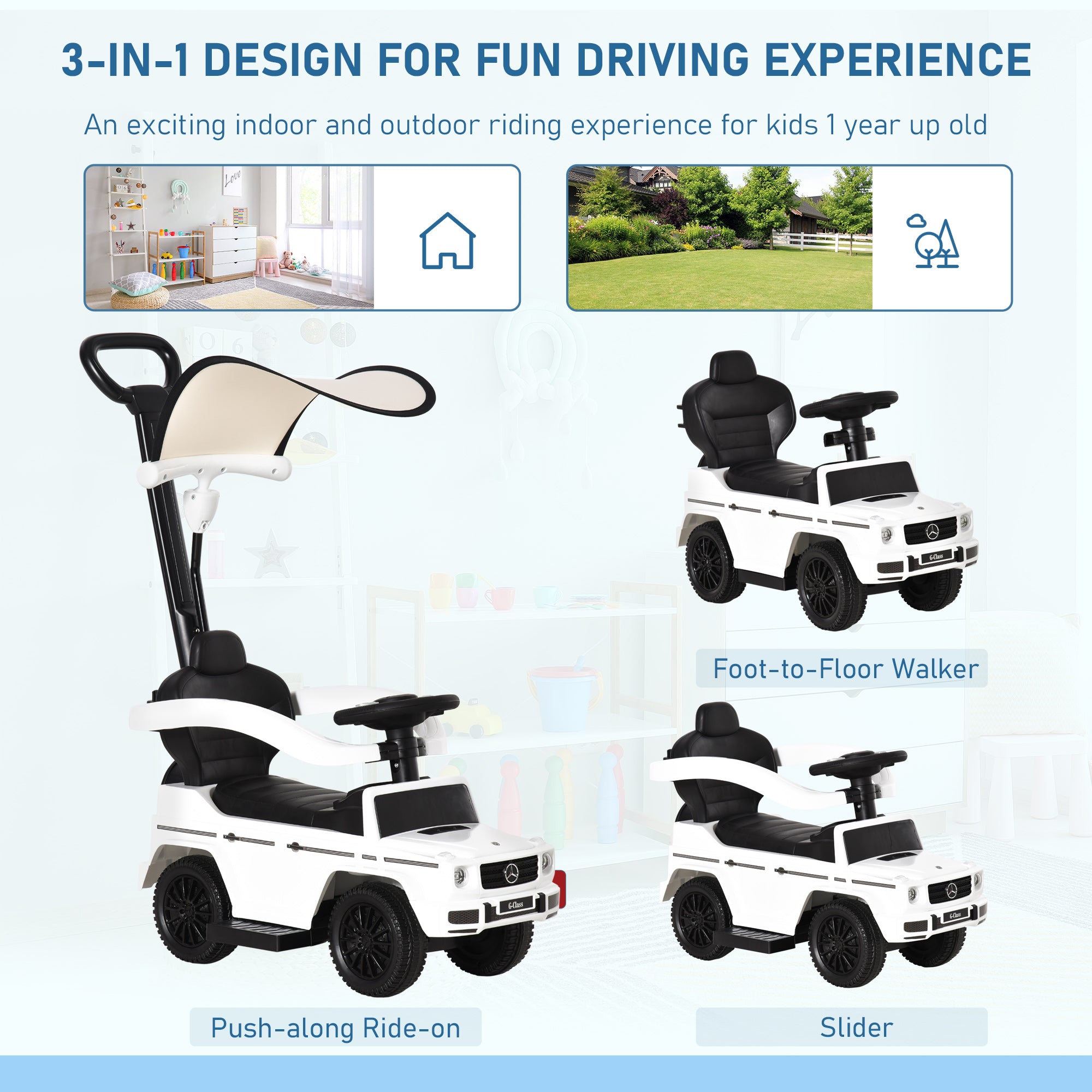 HOMCOM 3 in 1 Kids Children Ride on Push Car Toddler Sliding Car G350 Licensed Walker Foot to Floor Slider Push-Along with Horn Steering Wheel NO POWER Manual, White - North Peak Garden Furniture