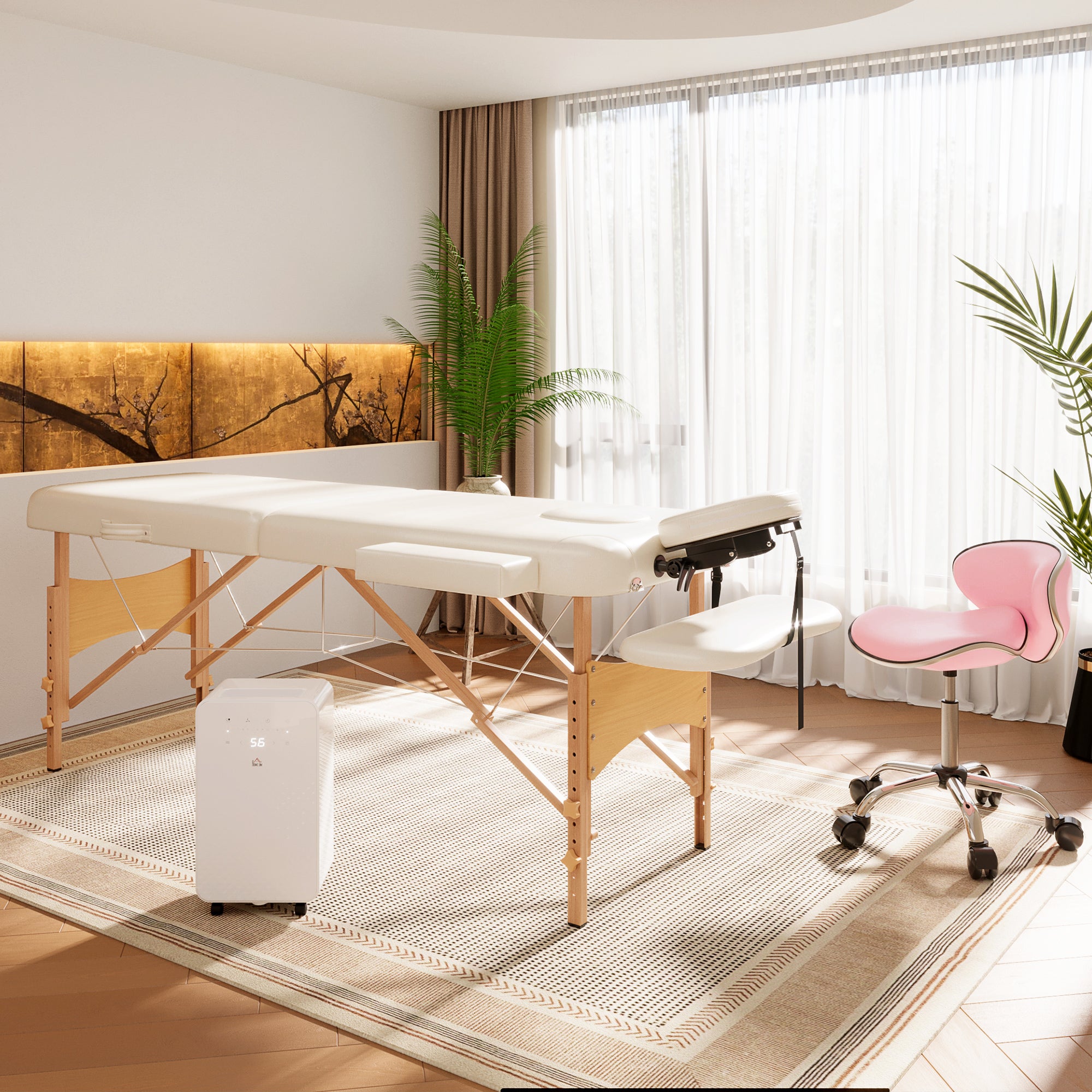 HOMCOM Portable Massage Bed, Folding Spa Beauty Massage Table with 2 Sections, Carry Bag and Wooden Frame, Cream - North Peak Garden Furniture