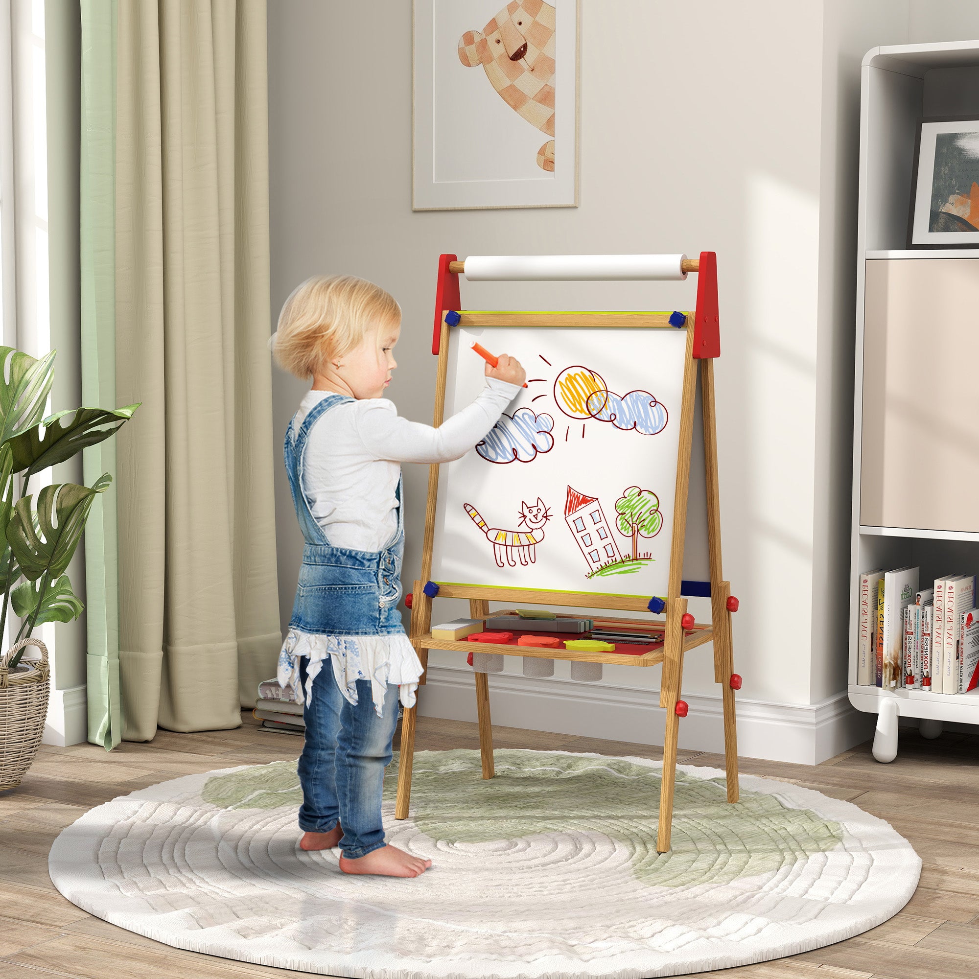 AIYAPLAY 3 in 1 Wooden Kids Easel with Paper Roll, Whiteboard & Chalkboard, Painting Accessories - North Peak Garden Furniture