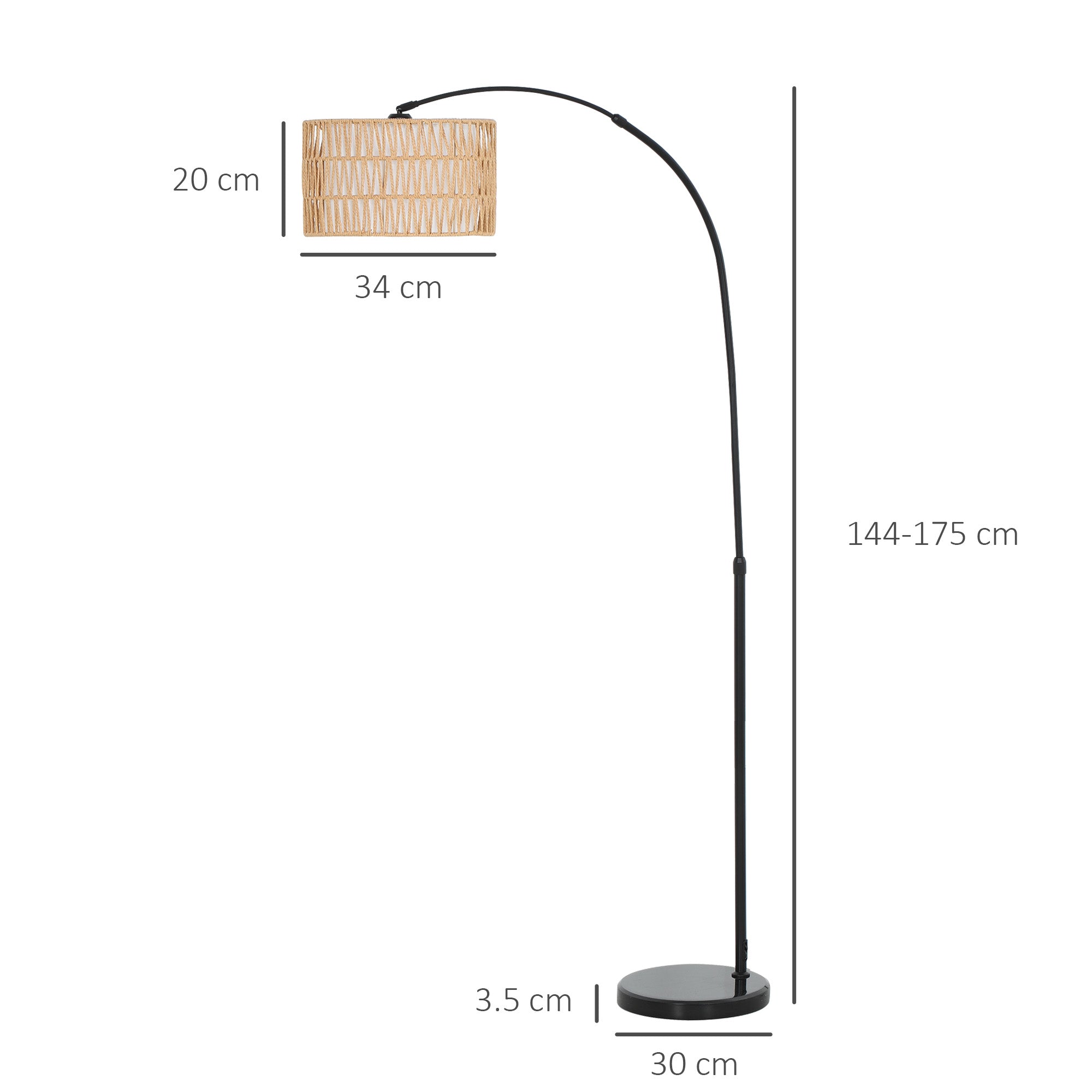 HOMCOM Rattan Floor Lamp for Living Room, Farmhouse Arc Standing Lamp with Dual-Layer Shade & Foot Switch, Height Adjustable Minimalist Tall Pole Lampshade for Bedroom, Office, Black - North Peak Garden Furniture