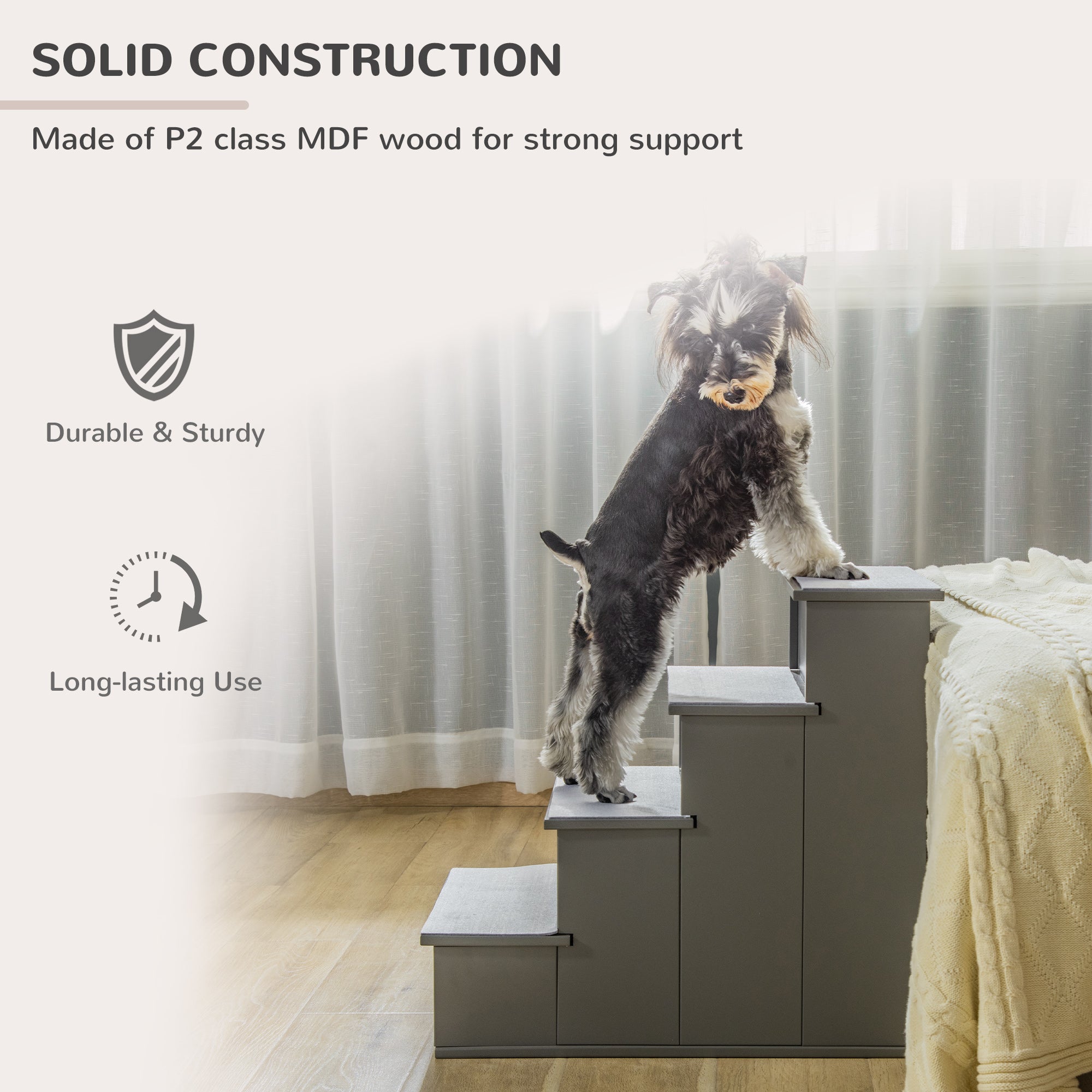 PawHut 4 Step Wooden Dog Steps Pet Stairs for Dogs, Cat Ladder for Bed Couch with Non-Slip Carpet 40 x 59 x 54.2 cm, Grey - North Peak Garden Furniture