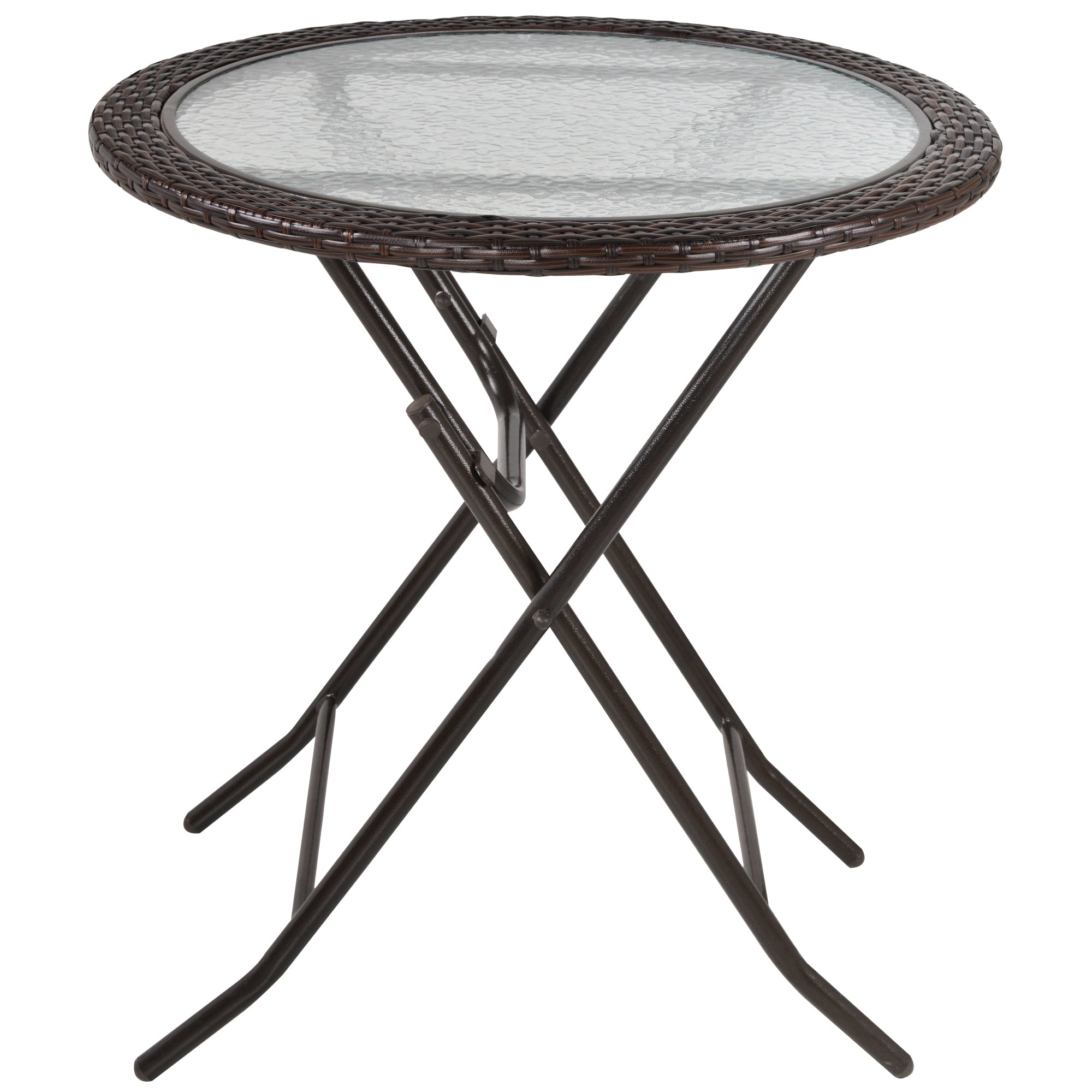Outsunny Folding Round Tempered Glass Metal Table with Brown Rattan Edging - North Peak Garden Furniture