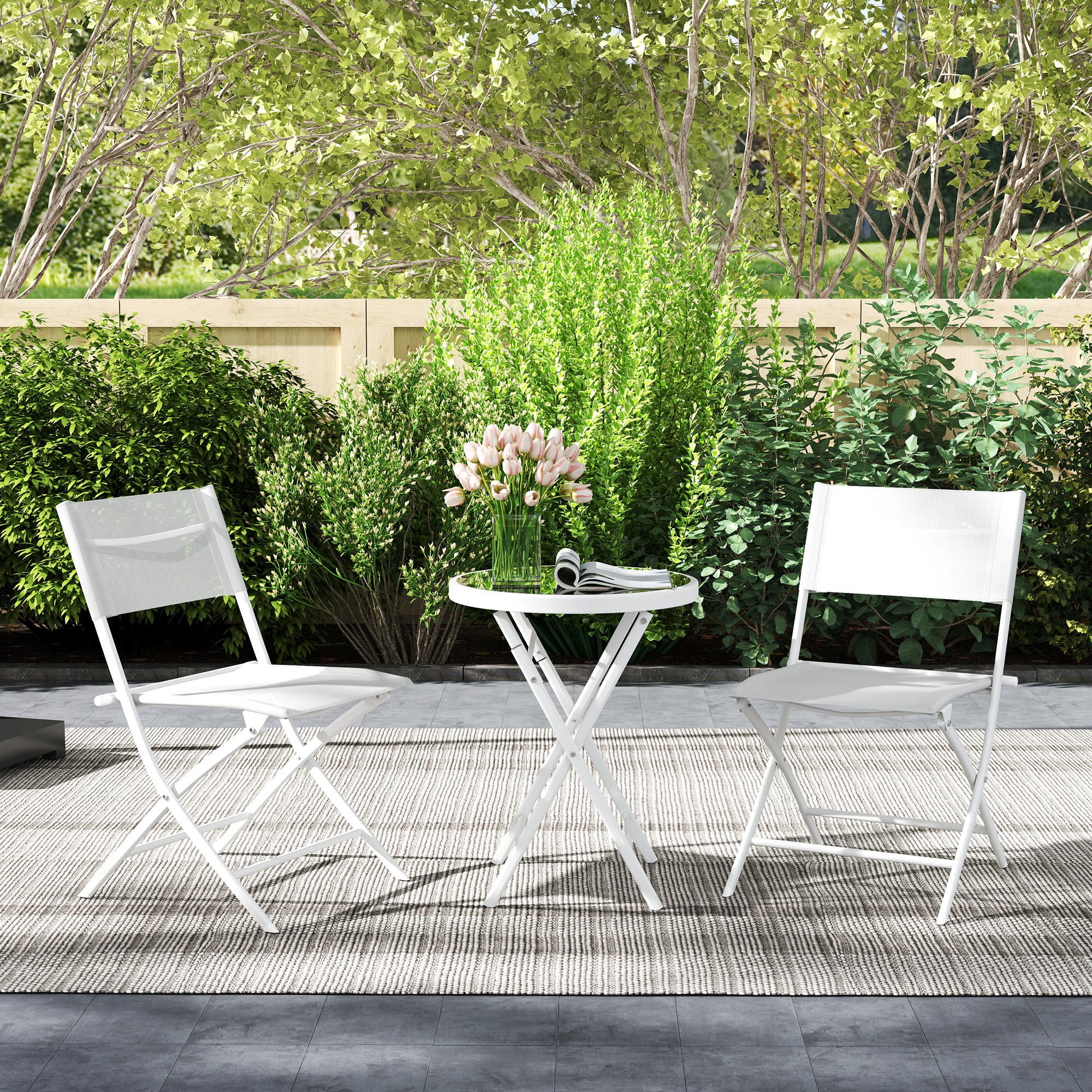 Outsunny 3 Pieces Outdoor Bistro Set, Glass Top Outdoor Table and 2 Folding Chairs with Protecting Feet, White - North Peak Garden Furniture