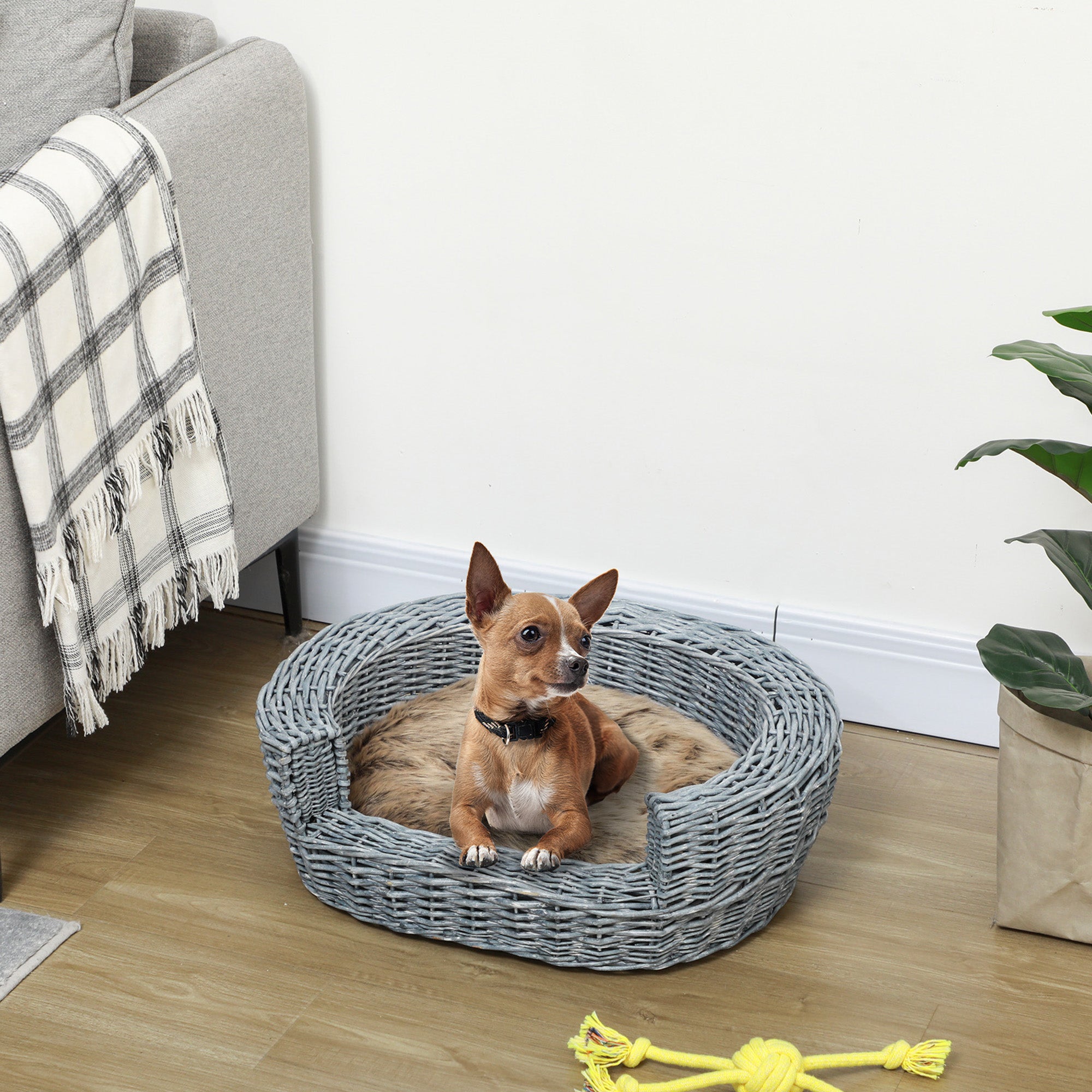 PawHut Wicker Pet Bed Willow Dog Cat Sofa Couch Puppy Basket with Cushion Grey 57L x 46W x 17.5H cm - North Peak Garden Furniture