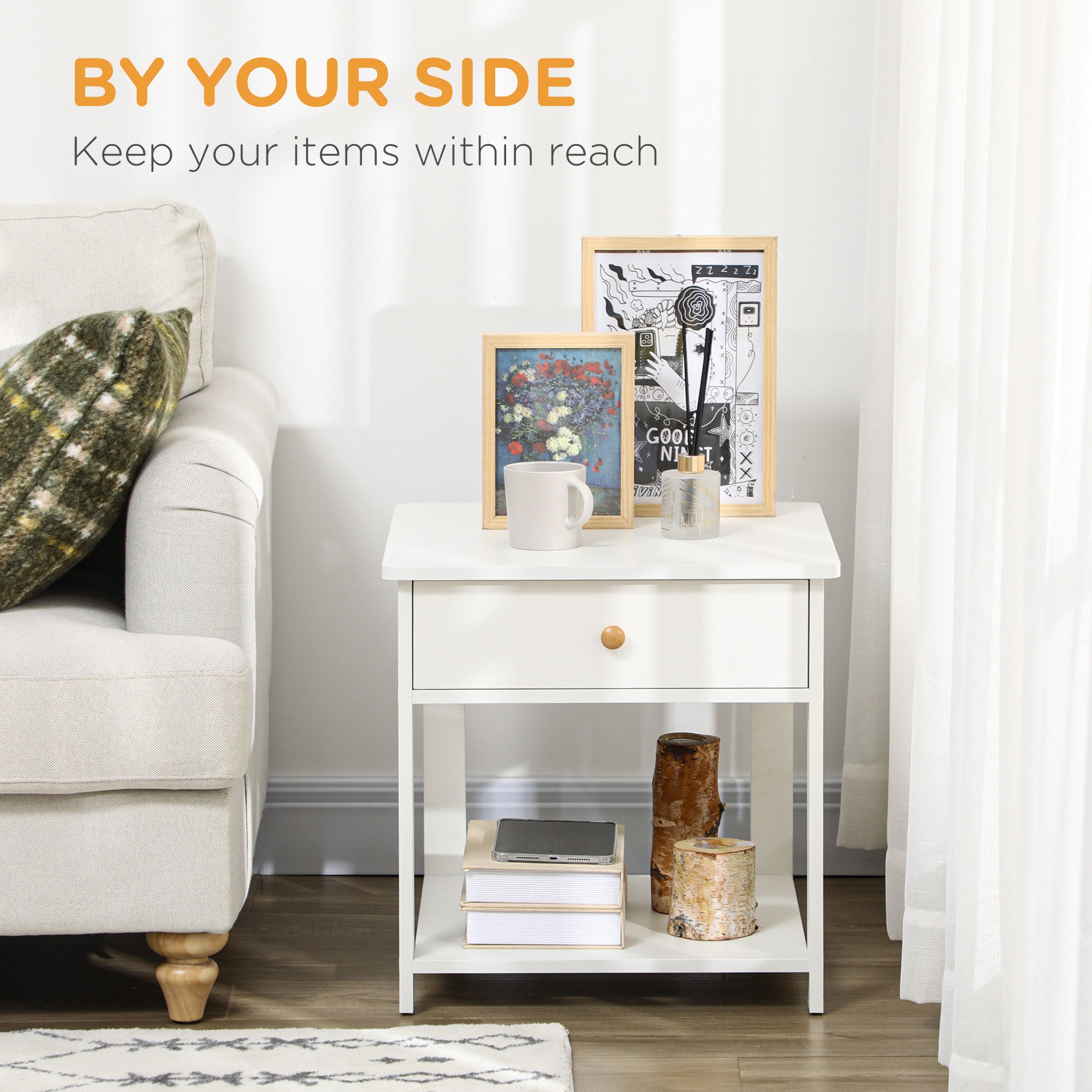 HOMCOM Bedside Table with Drawer and Bottom Shelf, Square Side End Table for Bedroom, Living Room, White - North Peak Garden Furniture