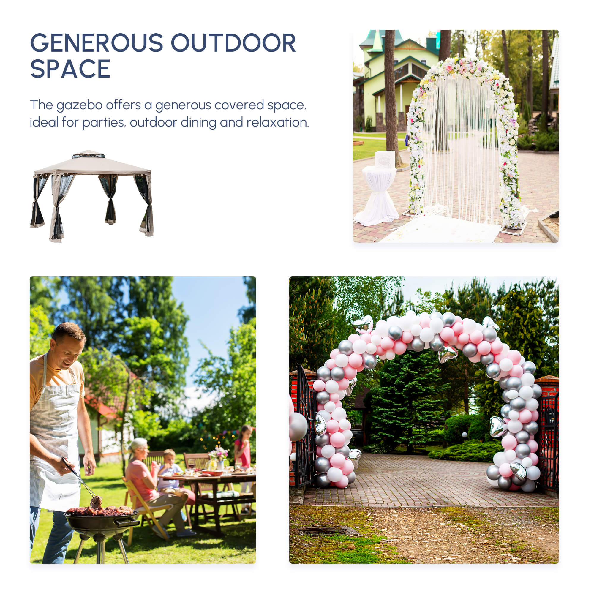 Outsunny Outdoor Gazebo, 2-tier Roof W/Netting, 295L x 295W x 263Hcm-Taupe - North Peak Garden Furniture