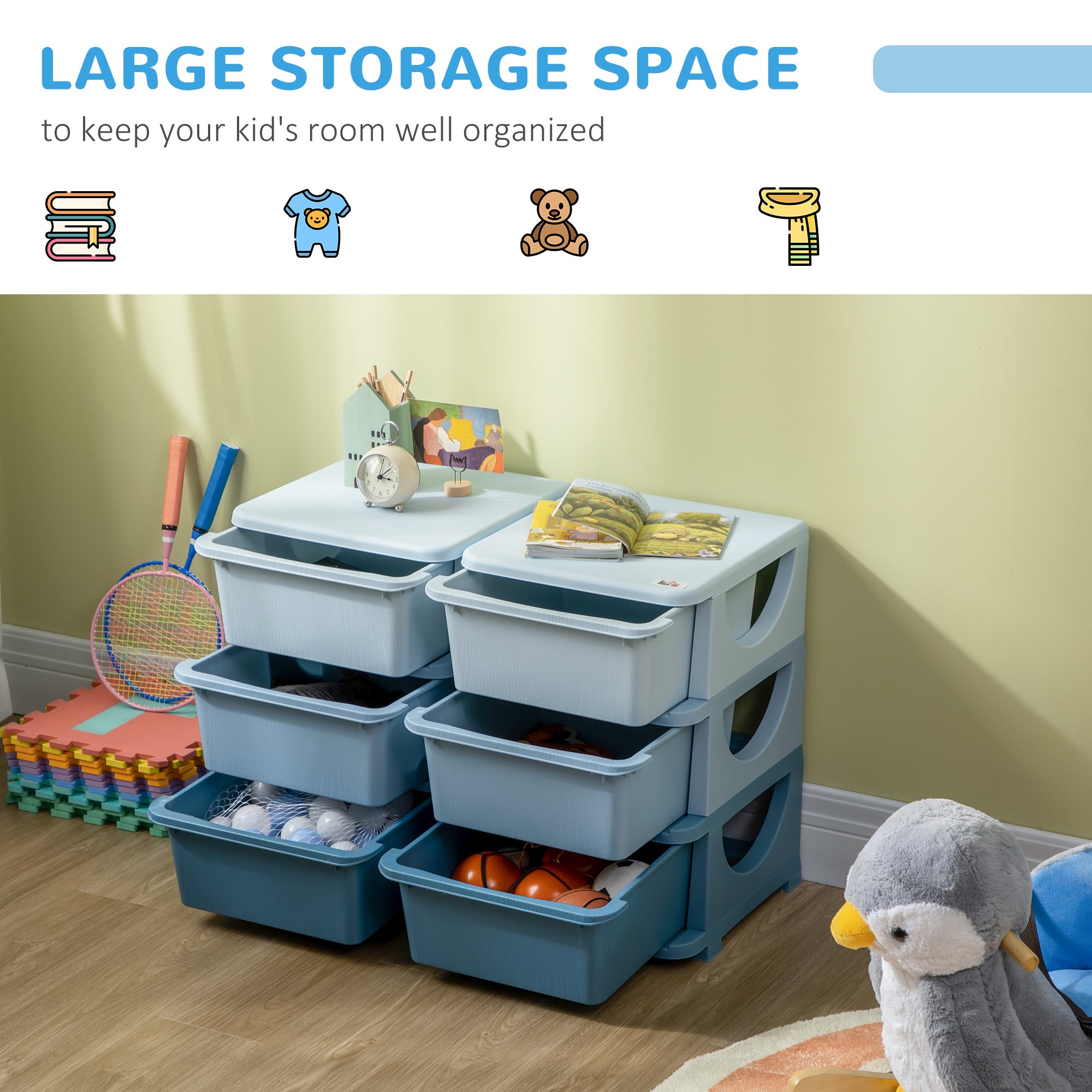 HOMCOM Kids Storage Unit, with Six Drawers - Blue - North Peak Garden Furniture
