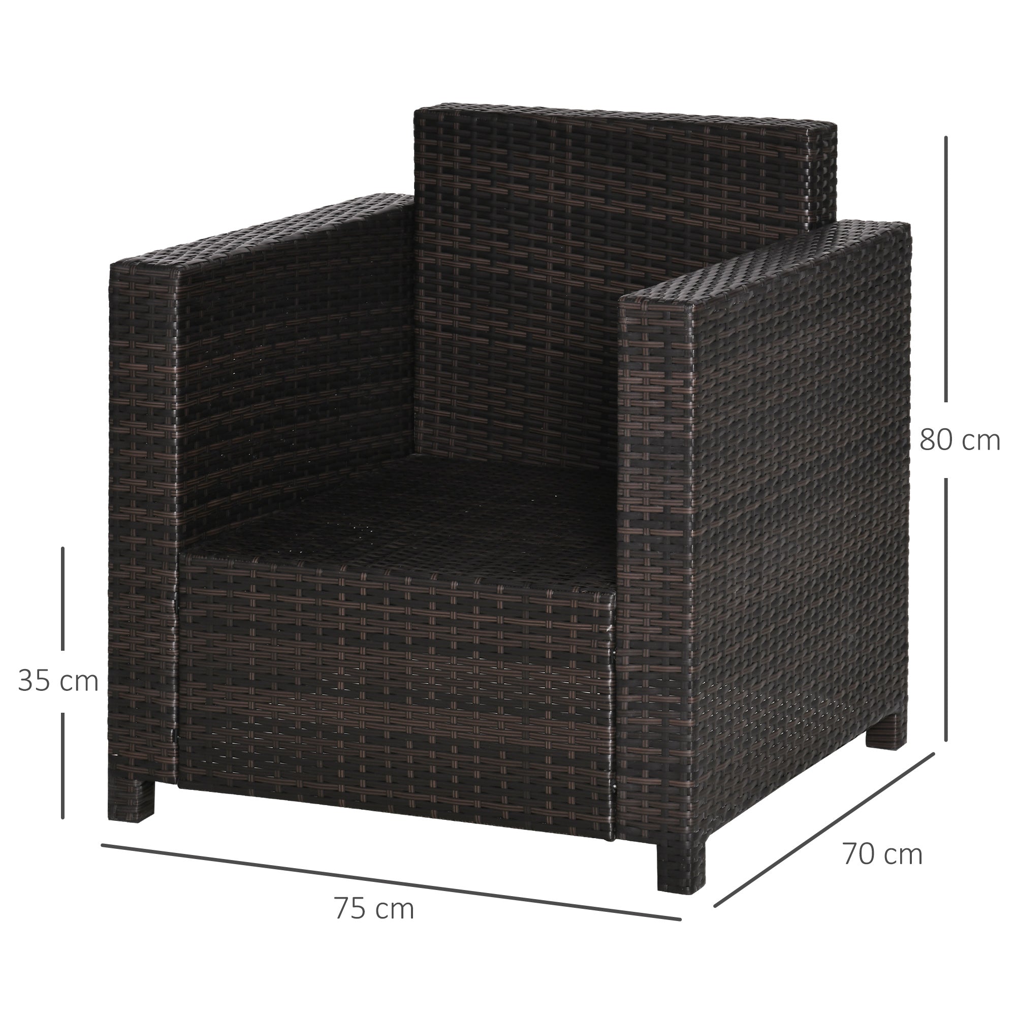 Outsunny Single Seater Rattan Chair Sofa with 10 cm Thick Padded Cushion, All-Weather PE Wicker Weave Garden Armchair with Armrests, Brown - North Peak Garden Furniture