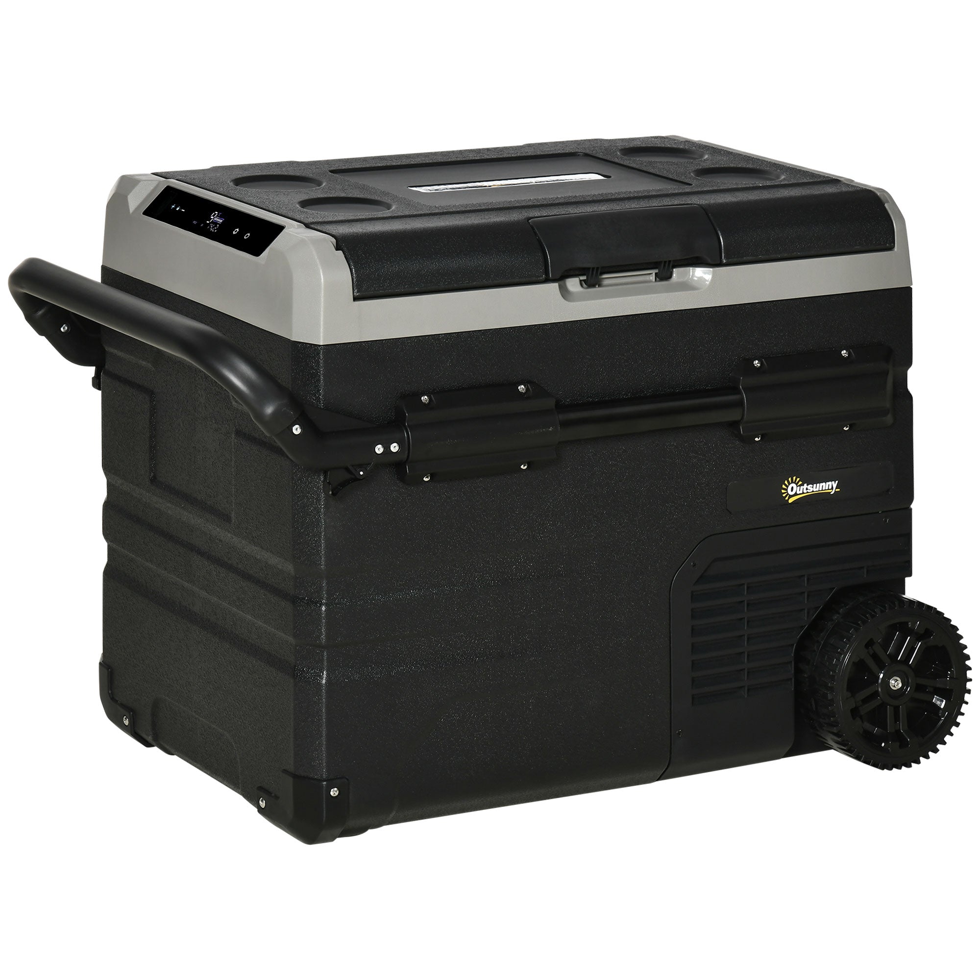 Outsunny 50L Car Refrigerator, Portable Compressor Cooler Box, Fridge Freezer w/ Inner LED Light, Foldable Handles, Cup Holders, 12/24V DC and 110-240V AC for Campervan RV Boat Travel Down to -20℃ - North Peak Garden Furniture