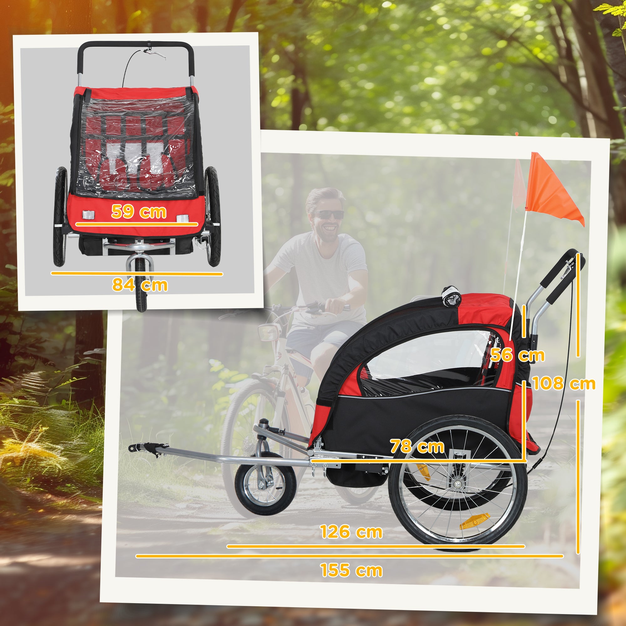 HOMCOM 2 Seat Bike Trailer with 5 Point Harness, Baby Bike Stroller with Safety Flag, Reflectors, for 18+ Months, Red - North Peak Garden Furniture