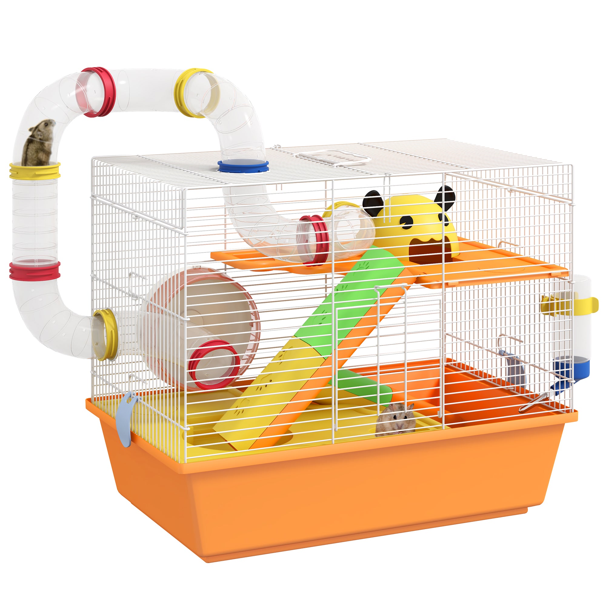 PawHut 3 Tiers Gerbil Cage, Hamster Cage with Tubes, Exercise Wheel, Ladder, Top Handle, 45 x 28 x 37cm - Orange - North Peak Garden Furniture