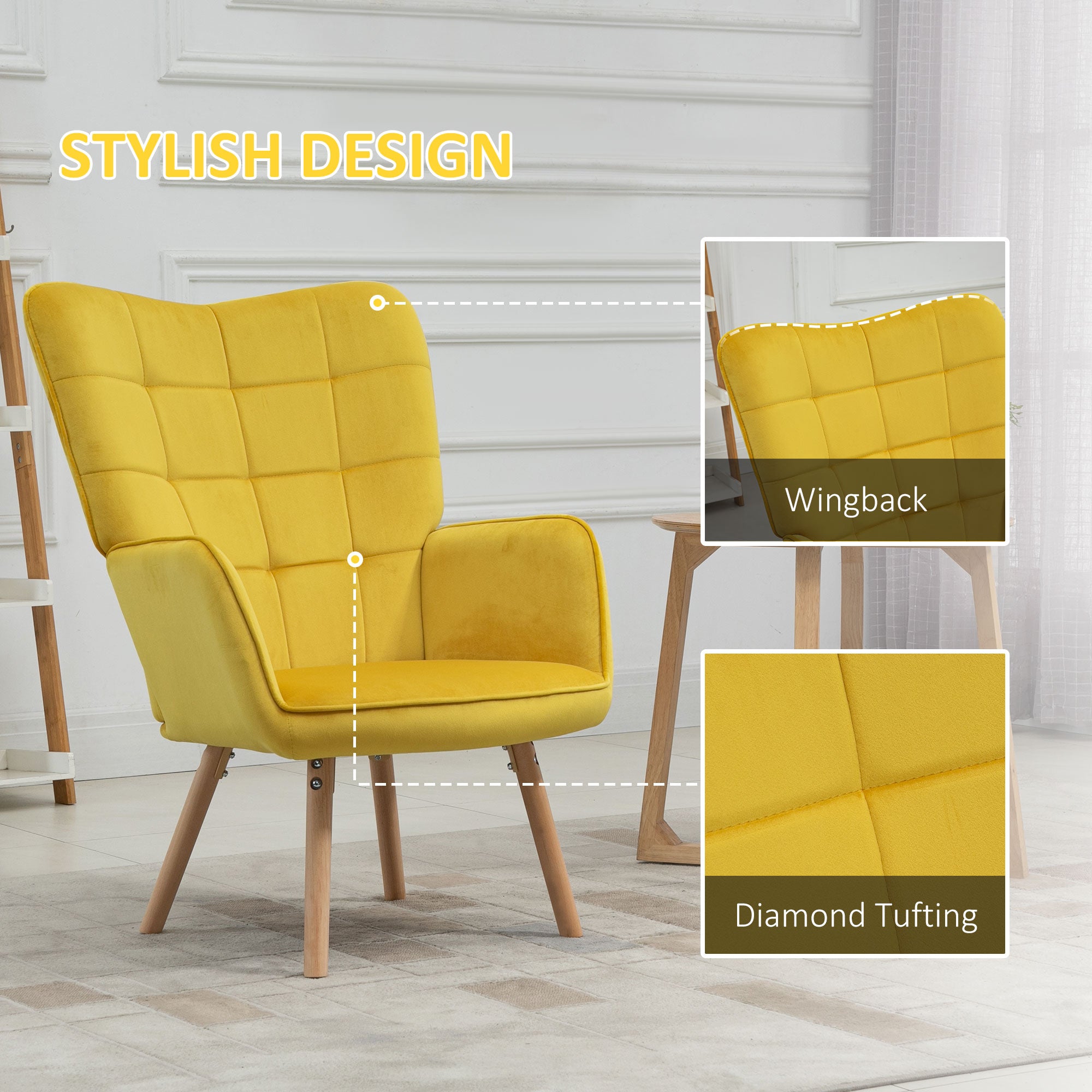 HOMCOM Modern Accent Chair Velvet-Touch Tufted Wingback Armchair Upholstered Leisure Lounge Sofa Club Chair with Wood Legs, Yellow