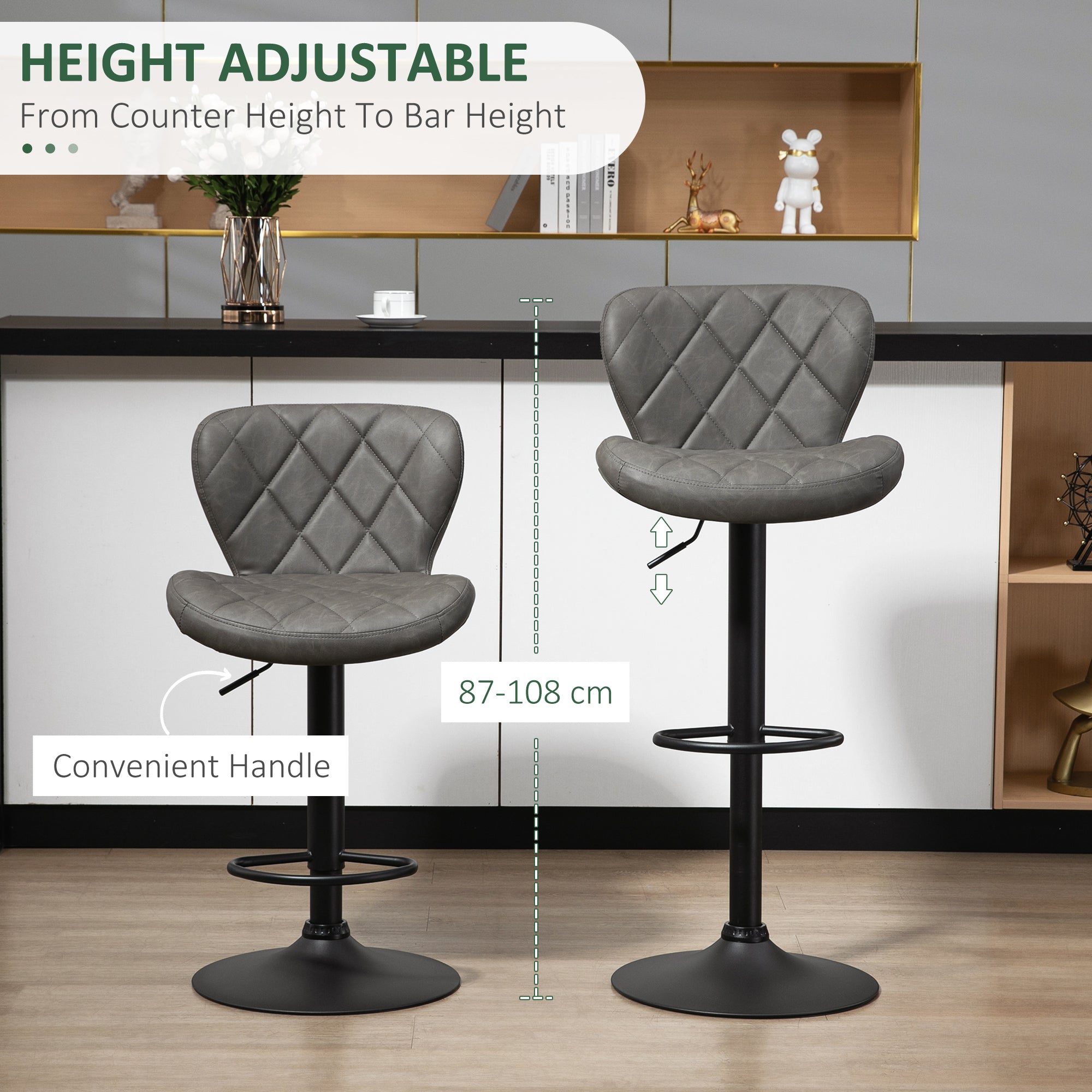 HOMCOM Bar Stools, Set of 2 Breakfast Bar Chairs, Swivel Barstools with Backrest and Footrest, Steel Frame Diamond Pattern PU, for Kitchen Counter, Dining Room, Dark Grey - North Peak Garden Furniture