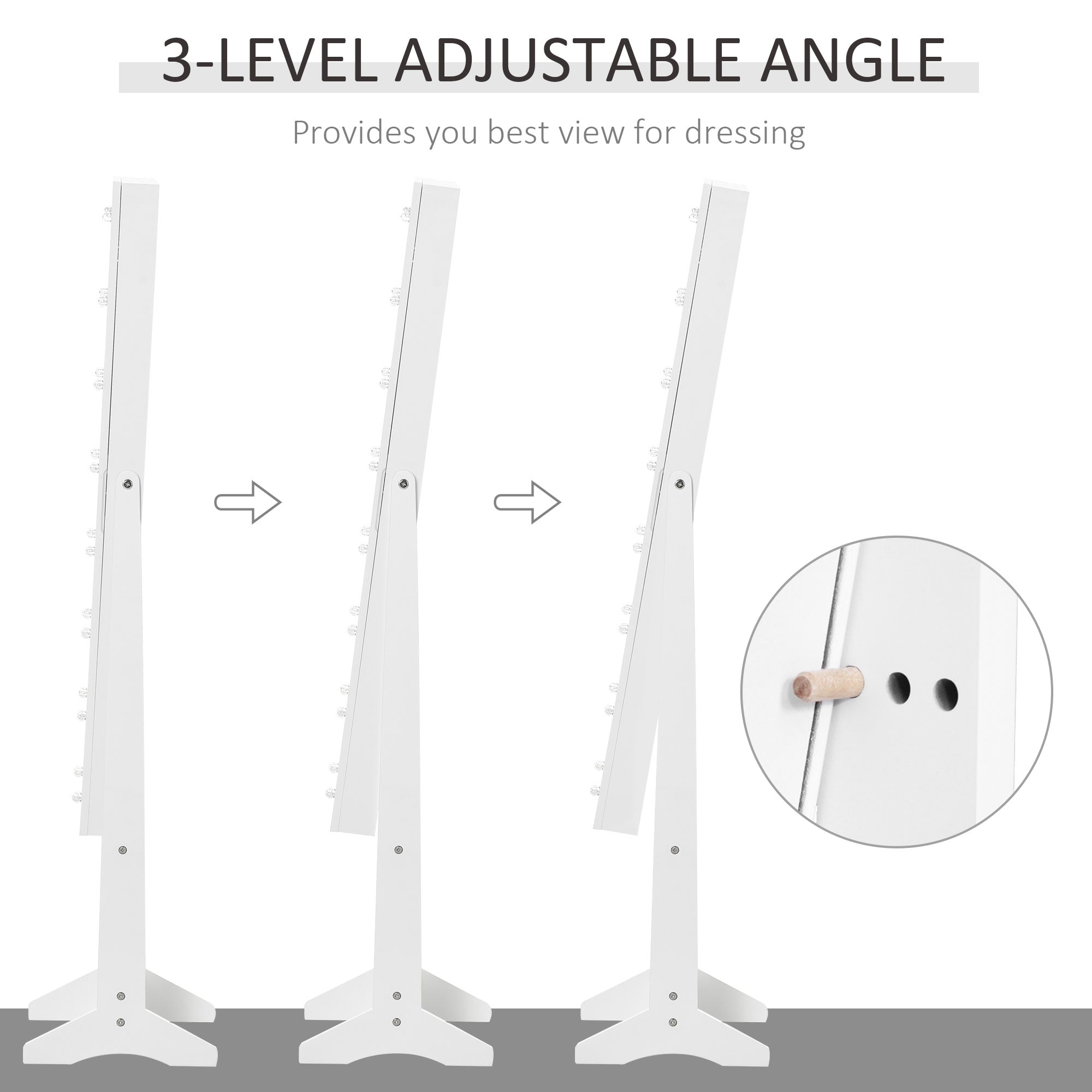 HOMCOM Free Standing LED Mirrored Jewelry Cabinet Armoire Floor Organiser W/ 3 Angle Adjustable For Rings Earrings Bracelets Cosmetics Warm White - North Peak Garden Furniture