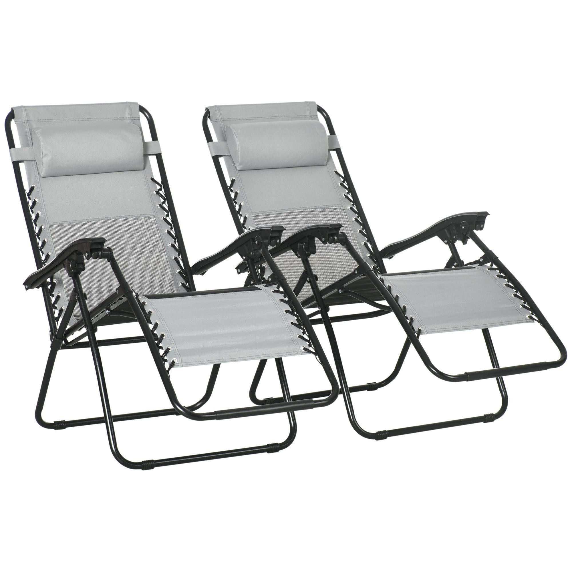 Outsunny Garden Recliner Chairs Set of 2, Outdoor Foldable Zero Gravity Chairs Set w/ Footstool and Detachable Headrest, Grey - North Peak Garden Furniture