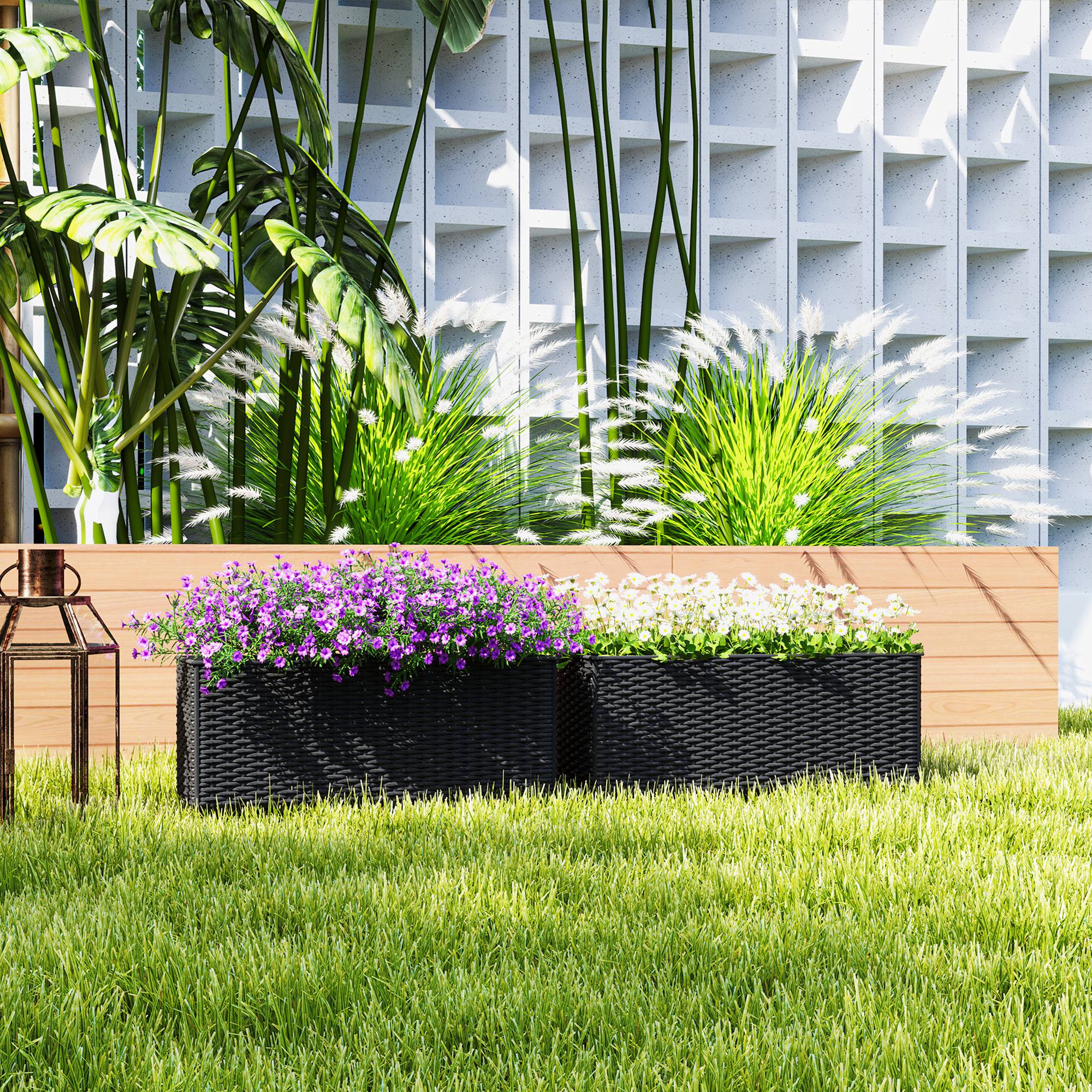 Outsunny Set of Two Rattan-Effect Planters - Black - North Peak Garden Furniture