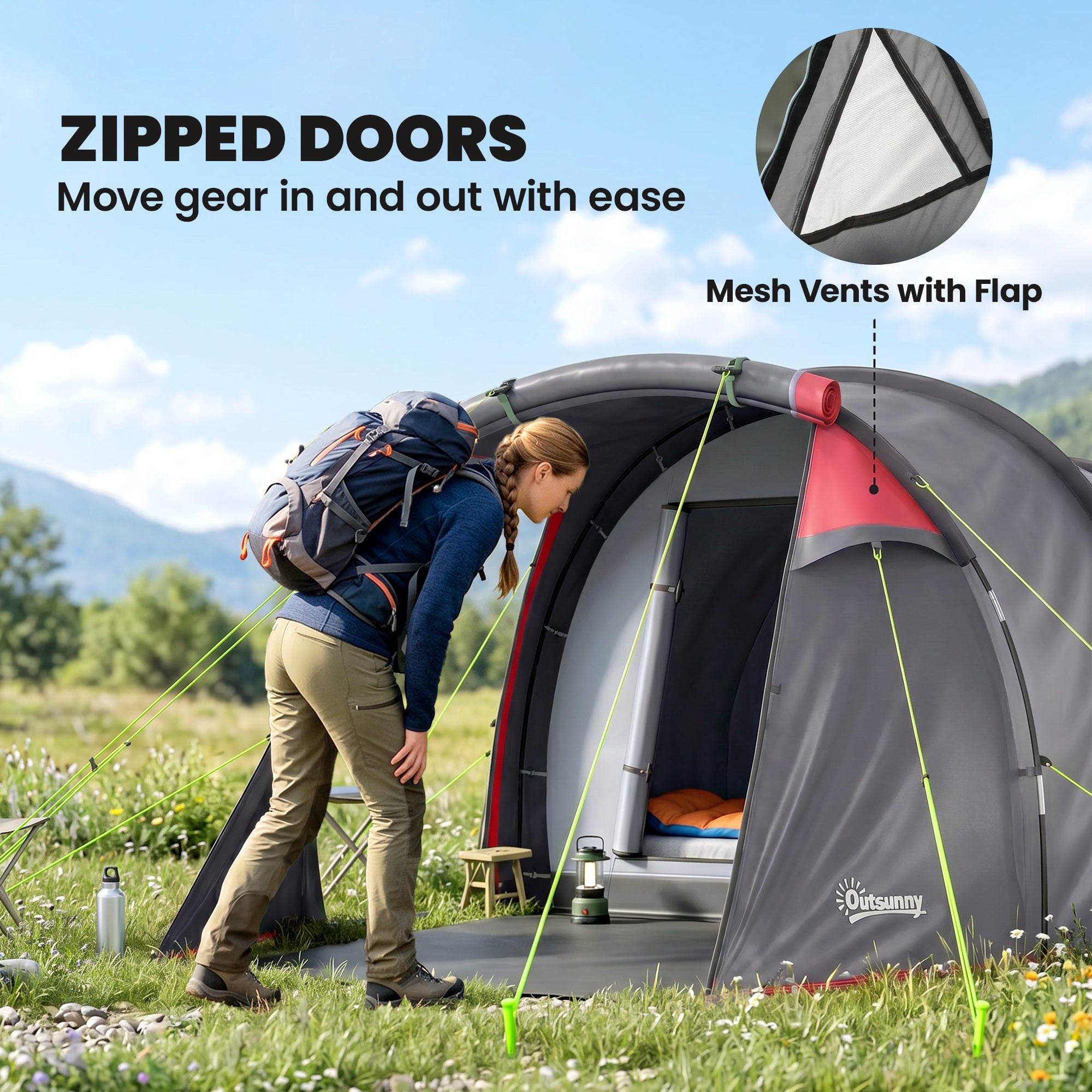 Outsunny 2-3 Person Tunnel Tent with Sewn-in Groundsheet, Air Vents, Rainfly, 2000mm Water Column, Camping Tent with 1 Bedroom, Inbuilt Porch, Living Area for Camping, Hiking, Grey