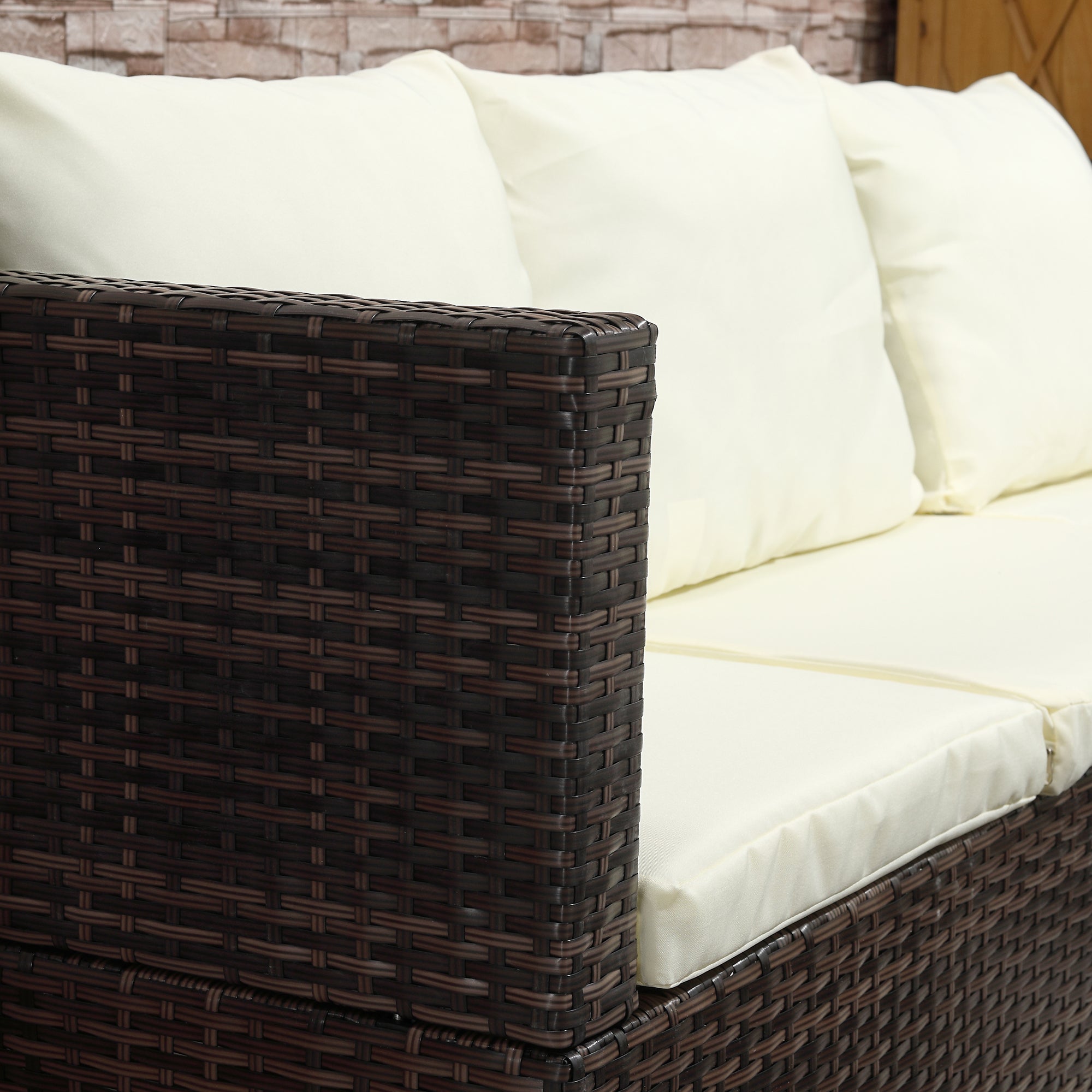 Outsunny 3PC Rattan Garden Furniture Storage Sofa Set 4 Seater Wicker Coffee Table Conservatory Sun Lounger Reclining Set Outdoor Weave with Cushion Brown - North Peak Garden Furniture