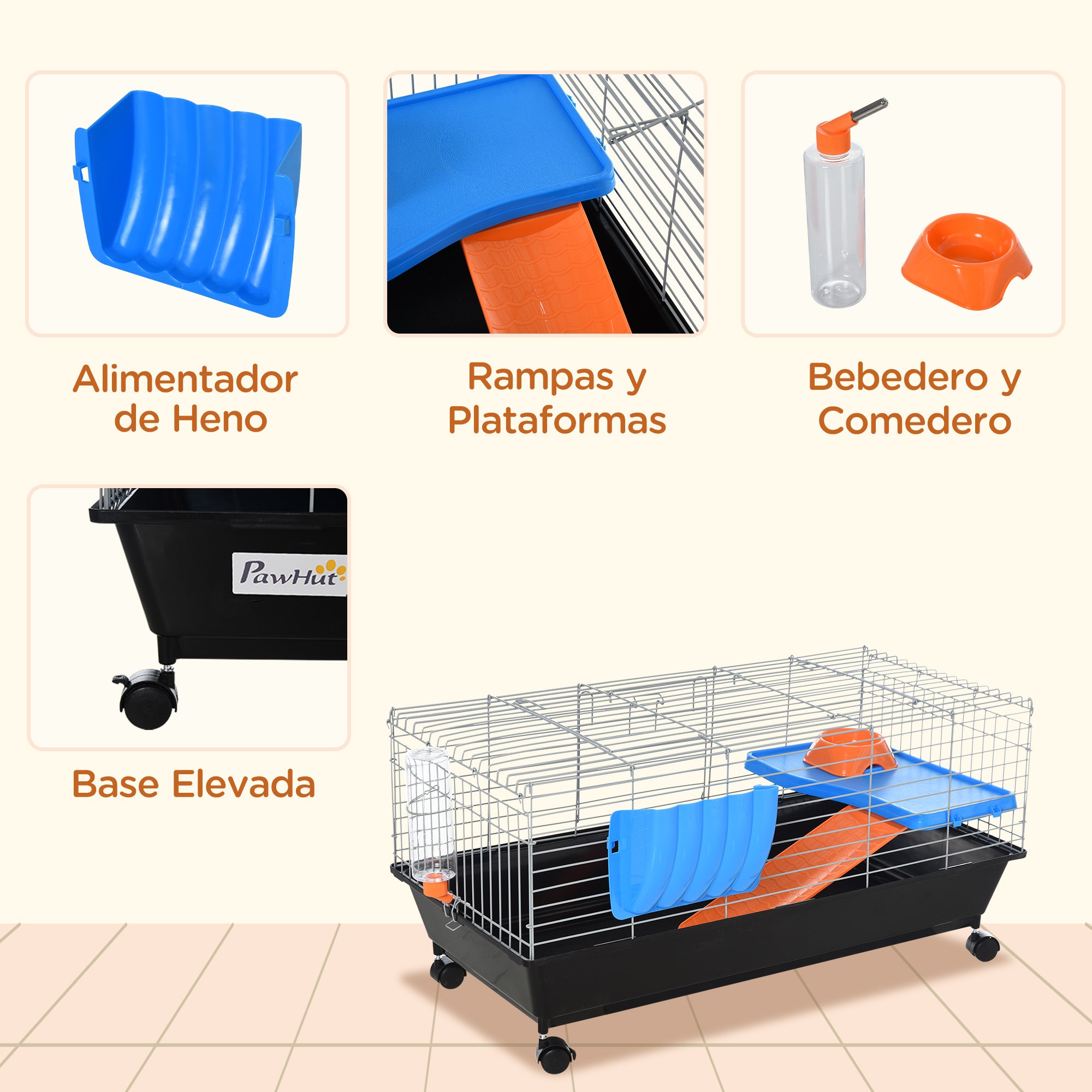 PawHut Small Animal Cage Rabbit Guinea Pigs Chinchillas Cage w/ Wheels Water Bottle Food Dish Platform Ramp 89 x 44 x 43 cm Black - North Peak Garden Furniture