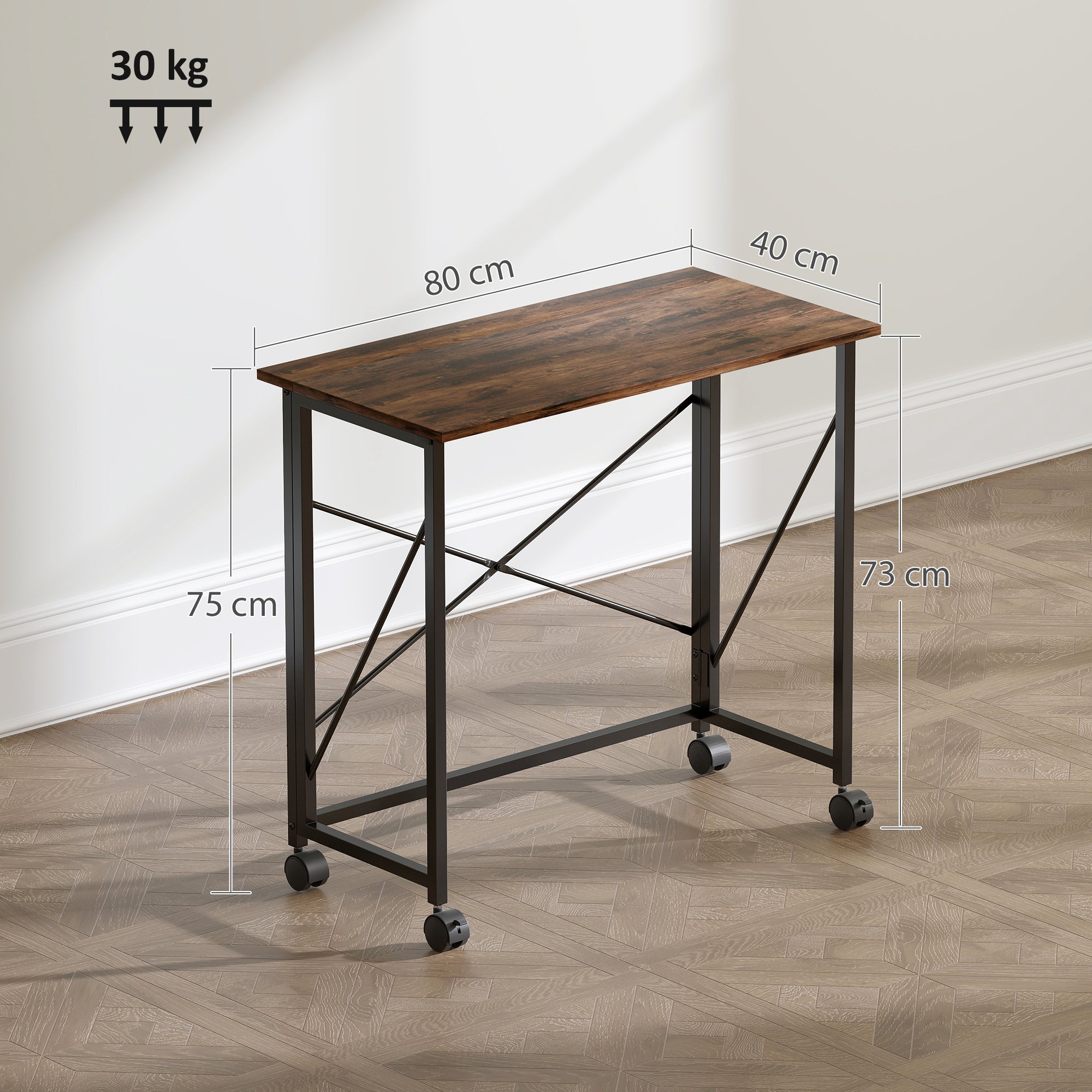 HOMCOM 80 cm Folding Desk on Wheels - Rustic Brown - North Peak Garden Furniture